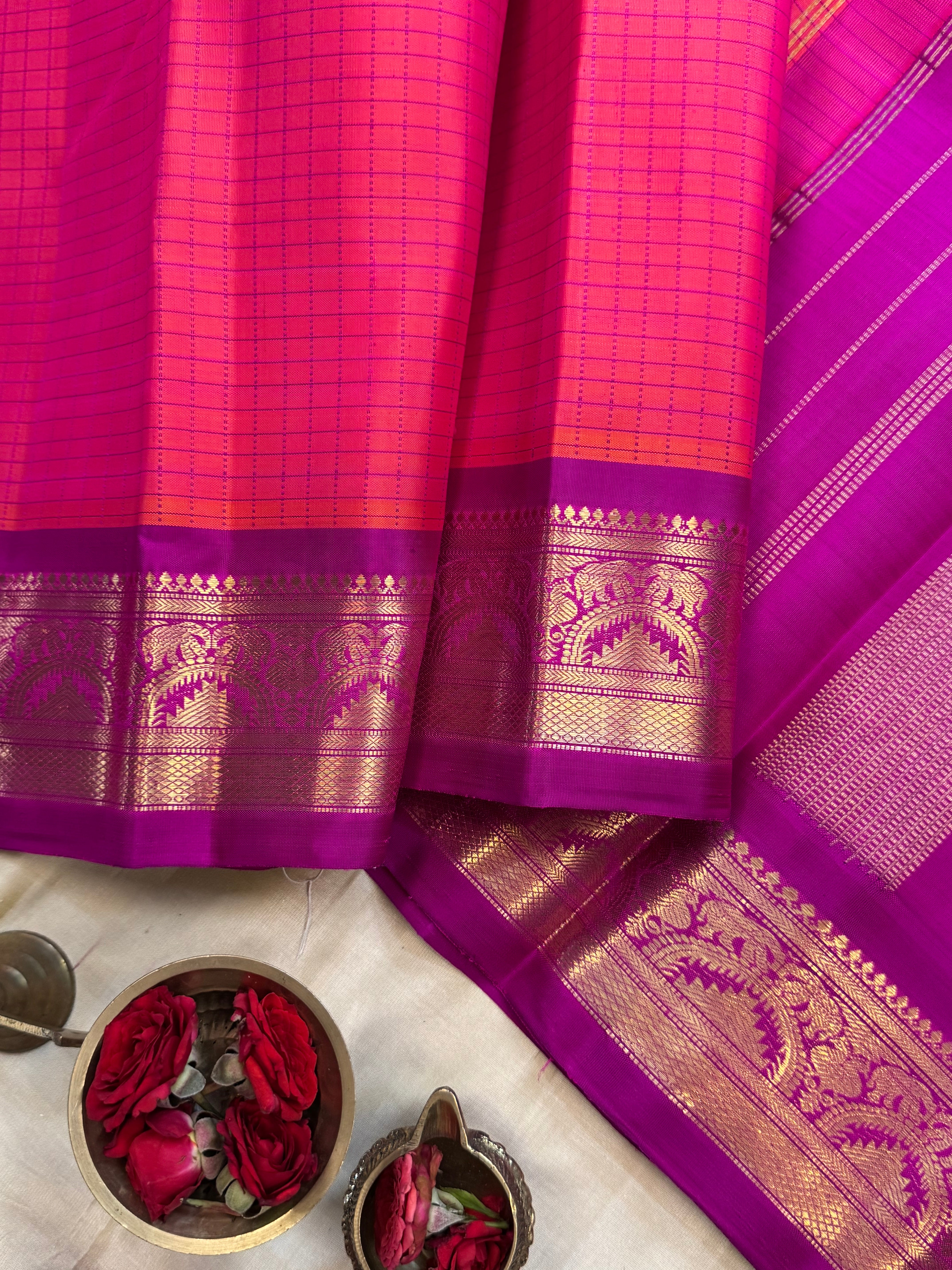 Pinkish purple checks / Kanjipuram silk