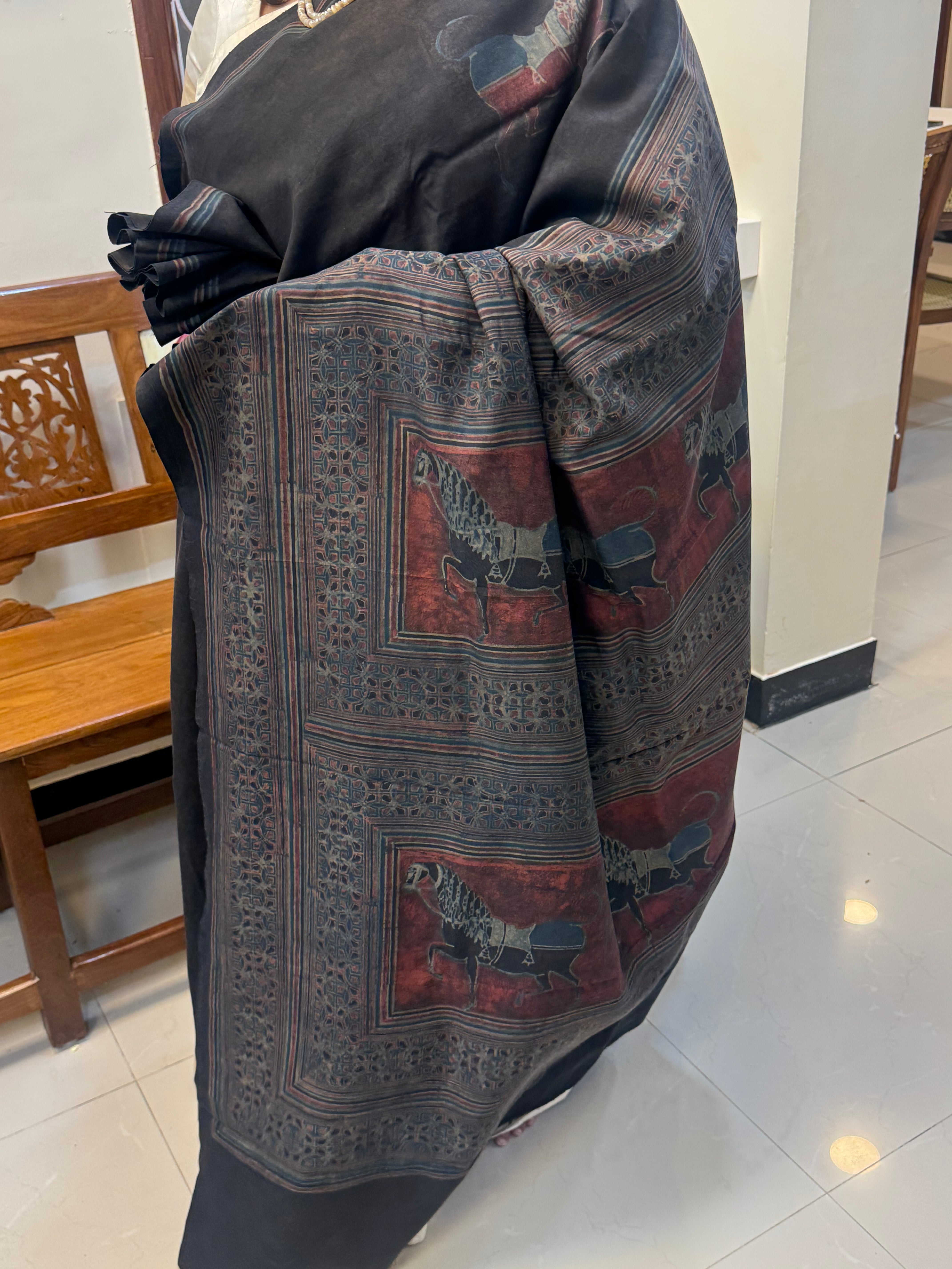 Black Horse printed Pracheen Ajrakh in pure silk