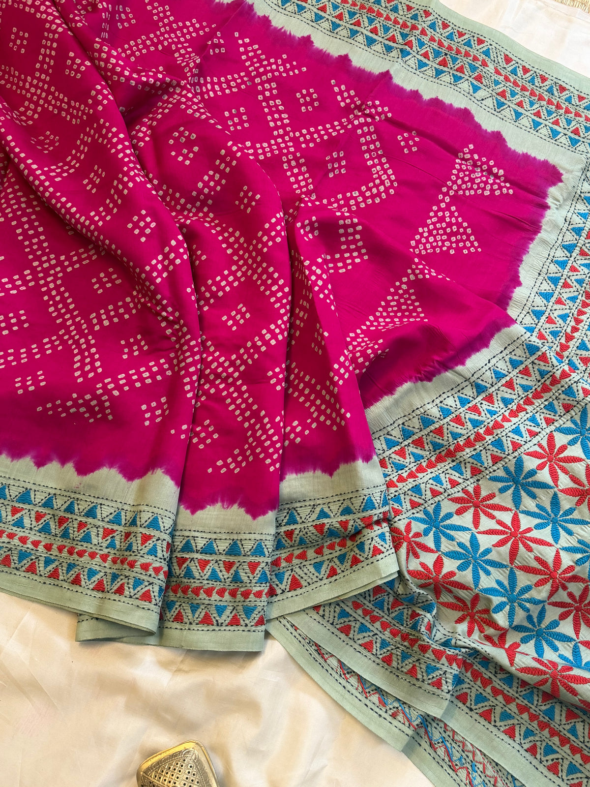 Pink Bandhini with Kantha work in silk