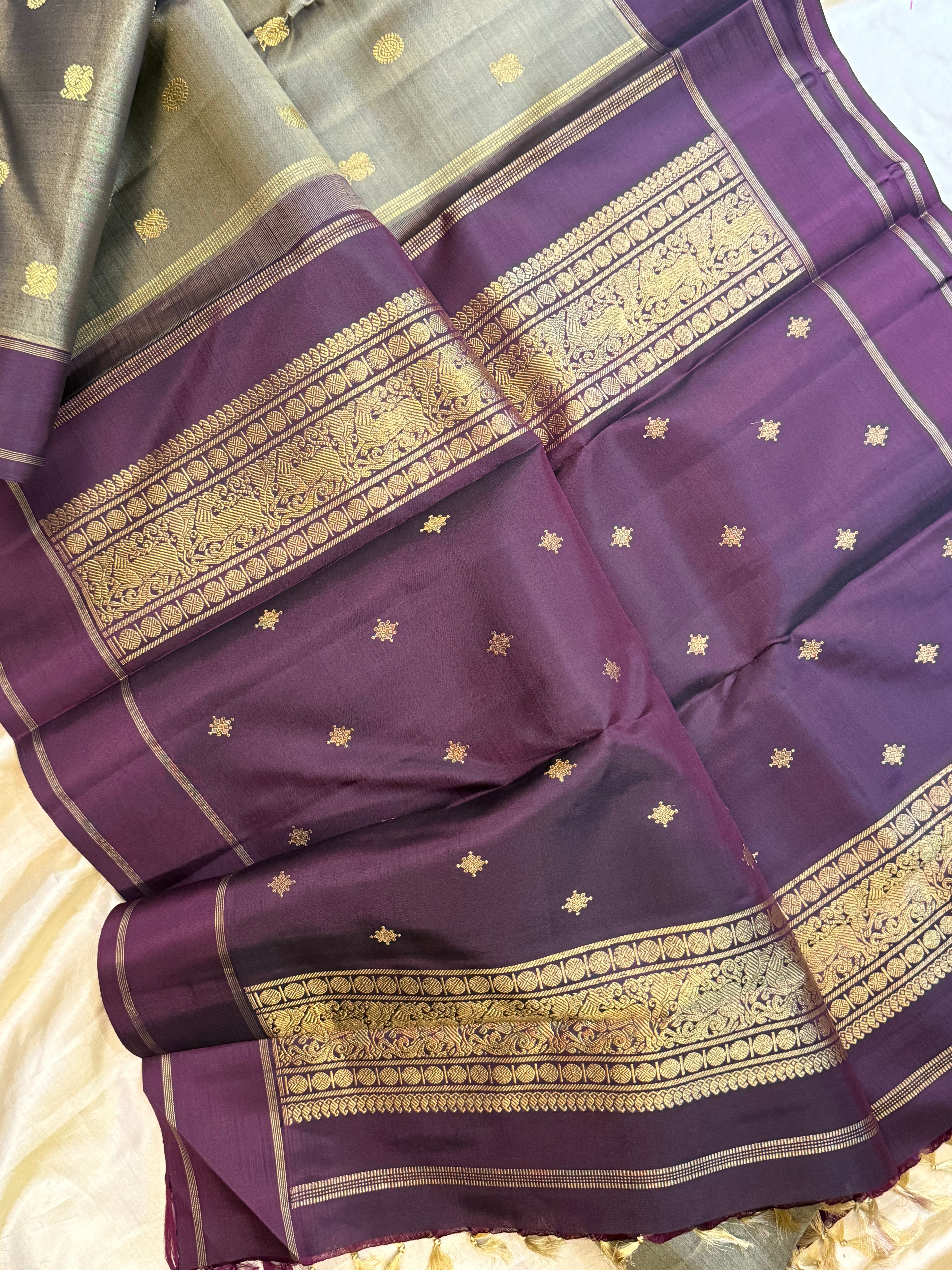 Deep olive and burgundy/ Kanjipuram silk