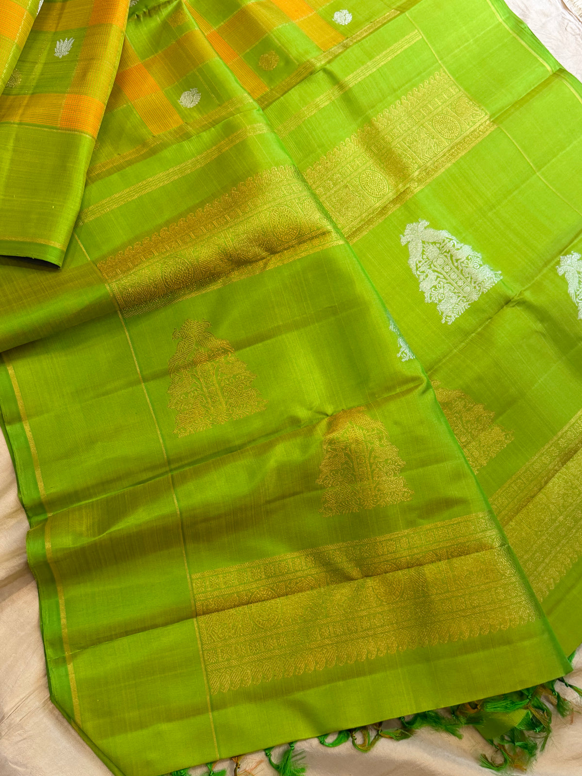 Lime green Chettinad Kattam - pure Zari Kanjipuram silk