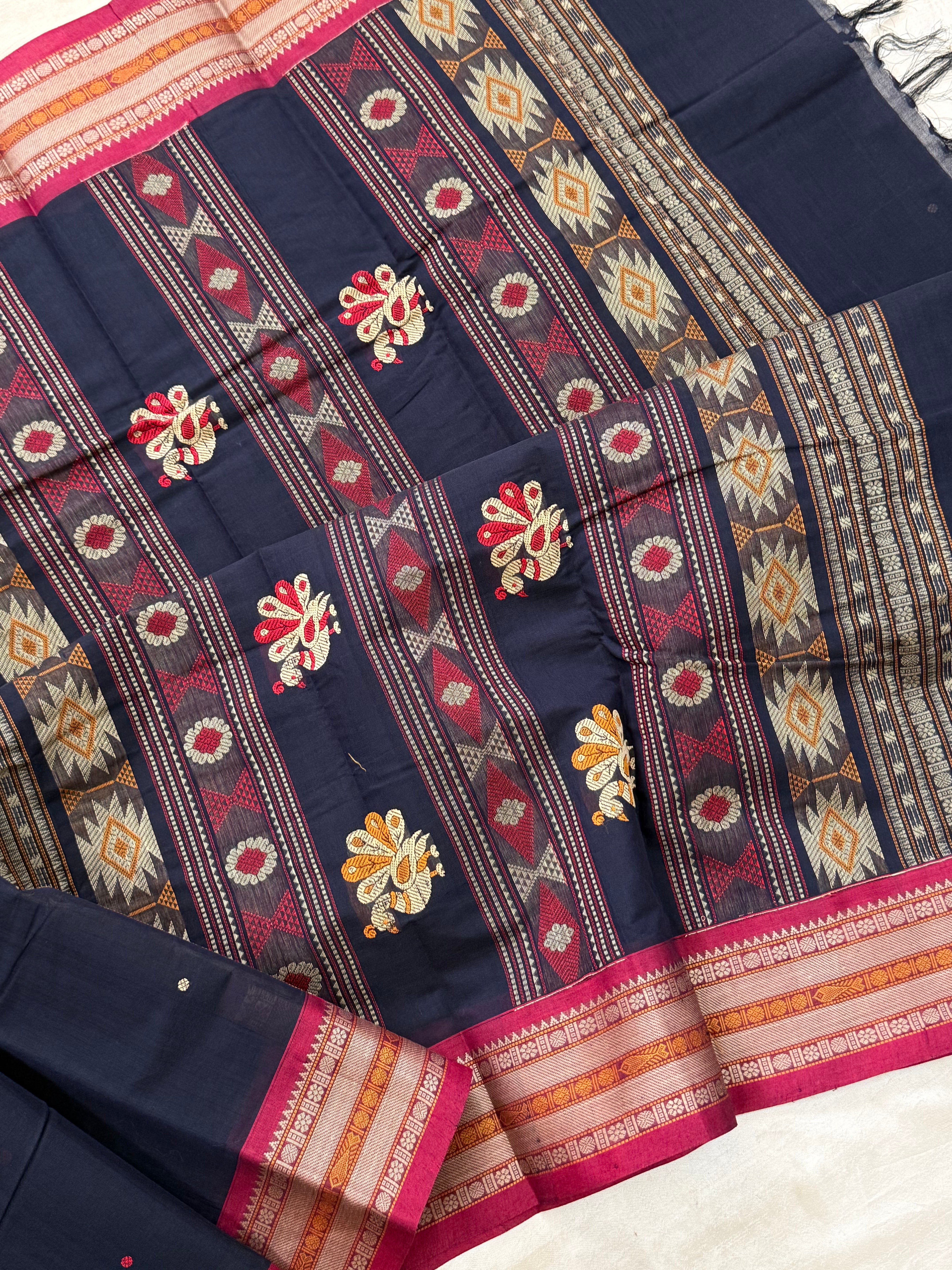 Deep blue and red unique pallu/ Kanchi Cotton
