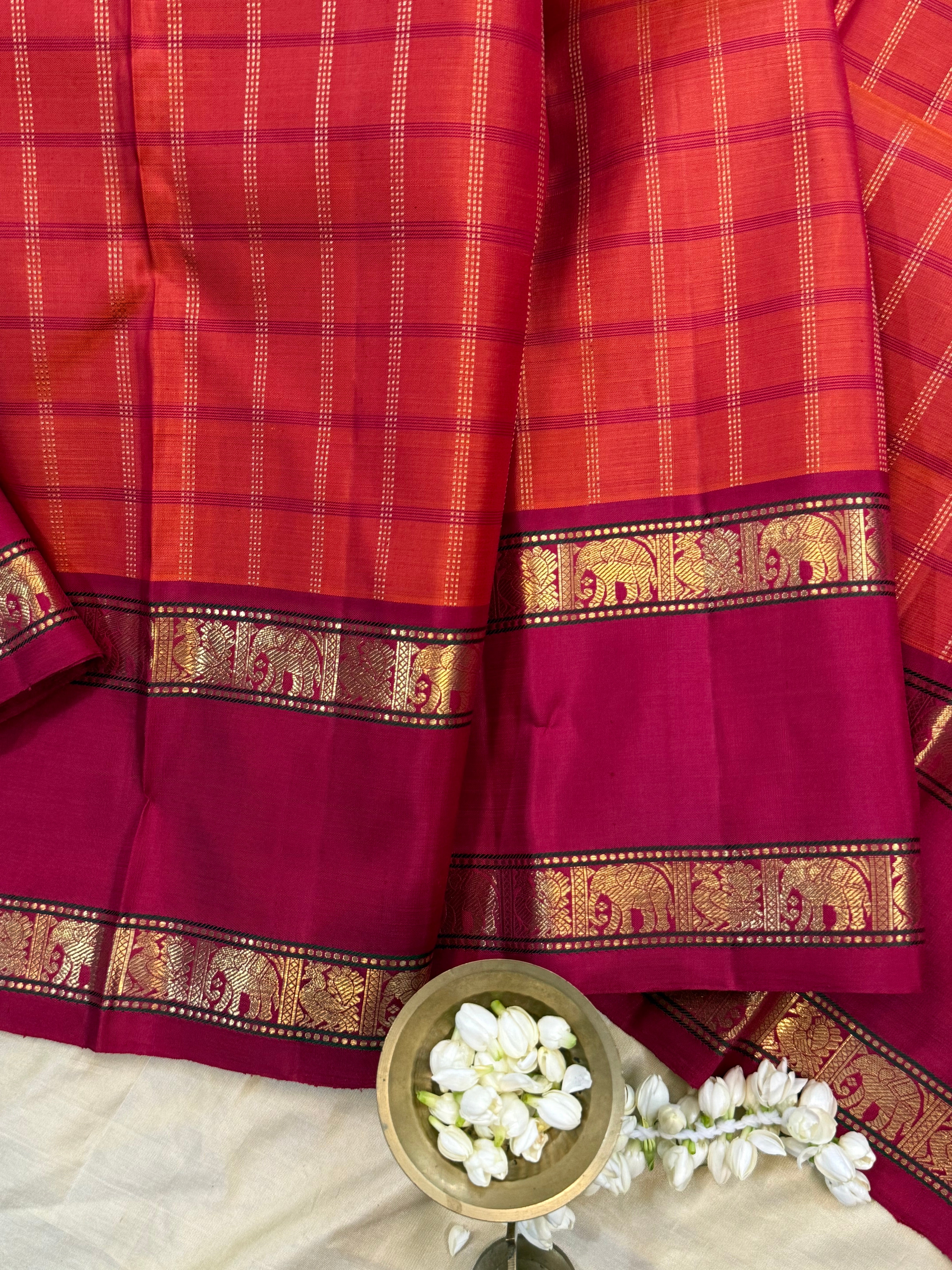 Rustic orange and Red kattam rettapet border/ Kanjipuram silk