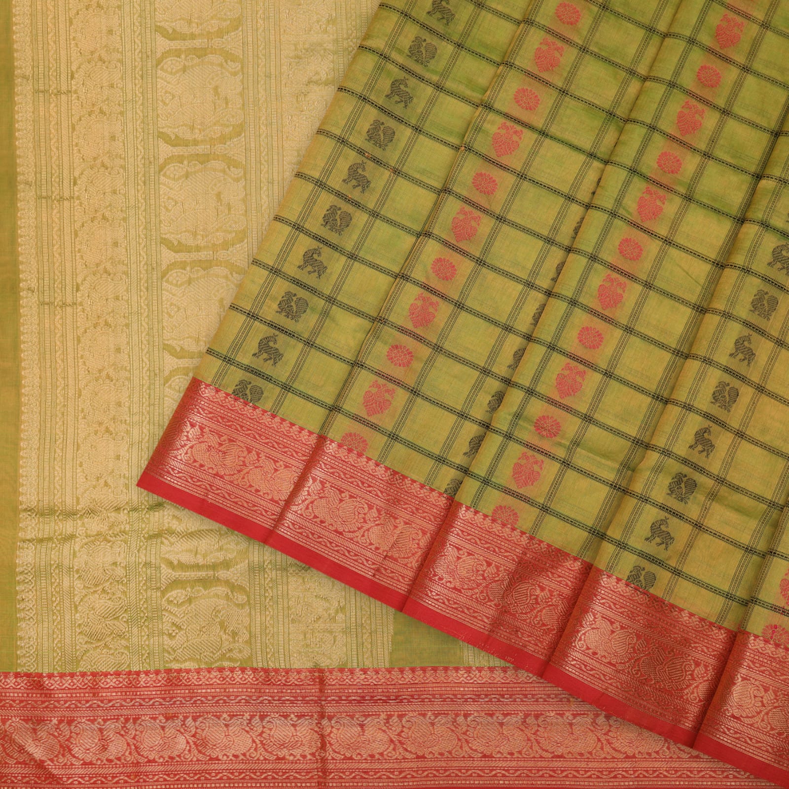 Parrot green with pink kattam - silk cotton