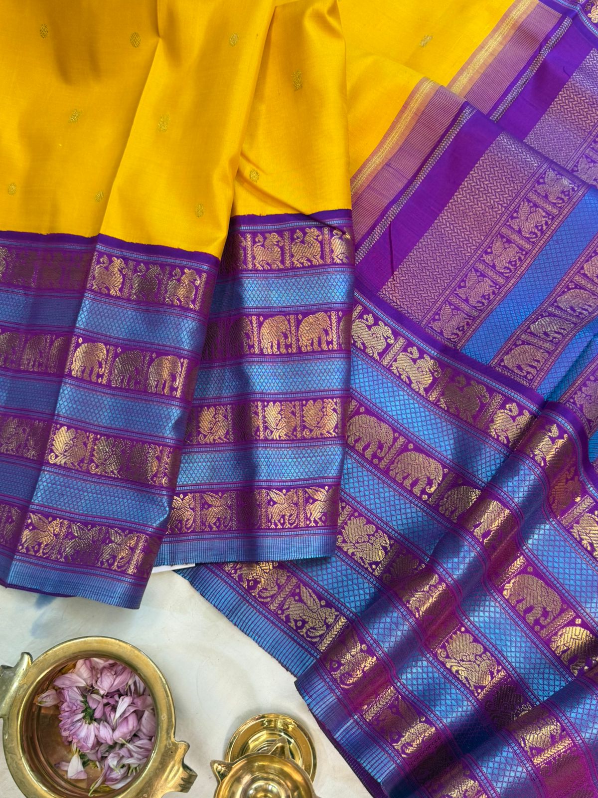 Yellow with purple varisapet/ kanjipuram silk