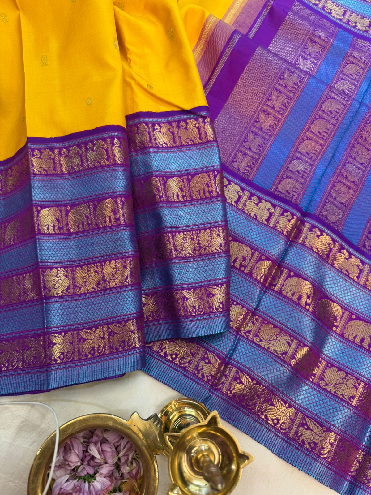 Yellow with purple varisapet/ kanjipuram silk