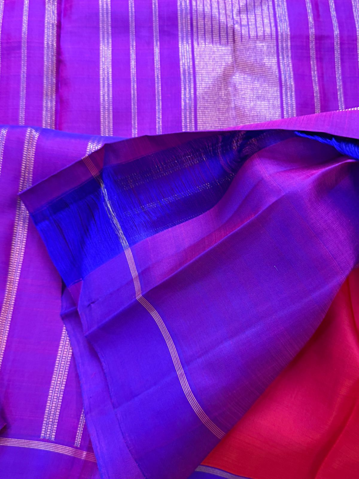 Pink shot purple zari lines / kanjipuram silk