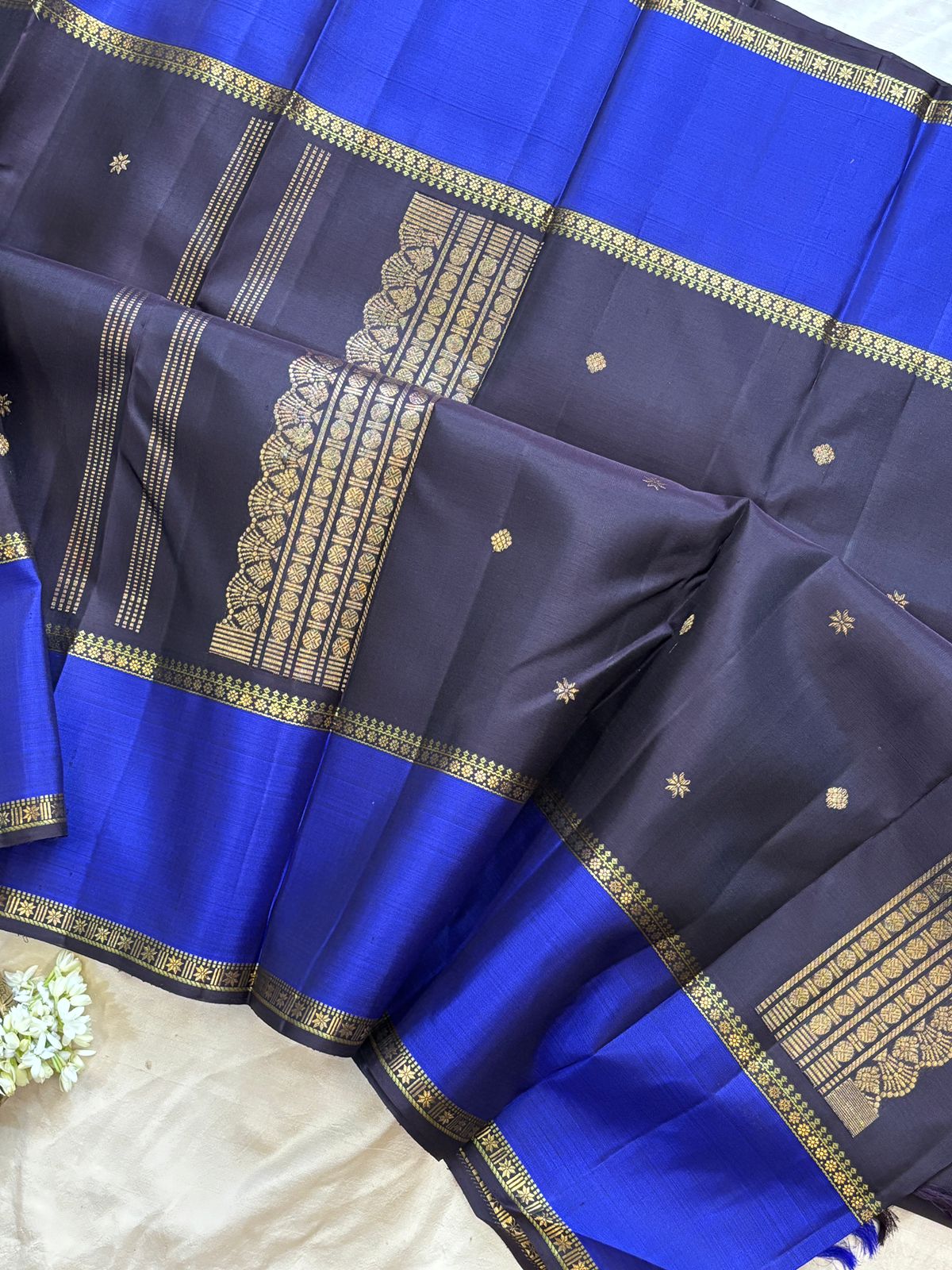 Deep nagapazham and blue rettapet border/ kanjipuram silk