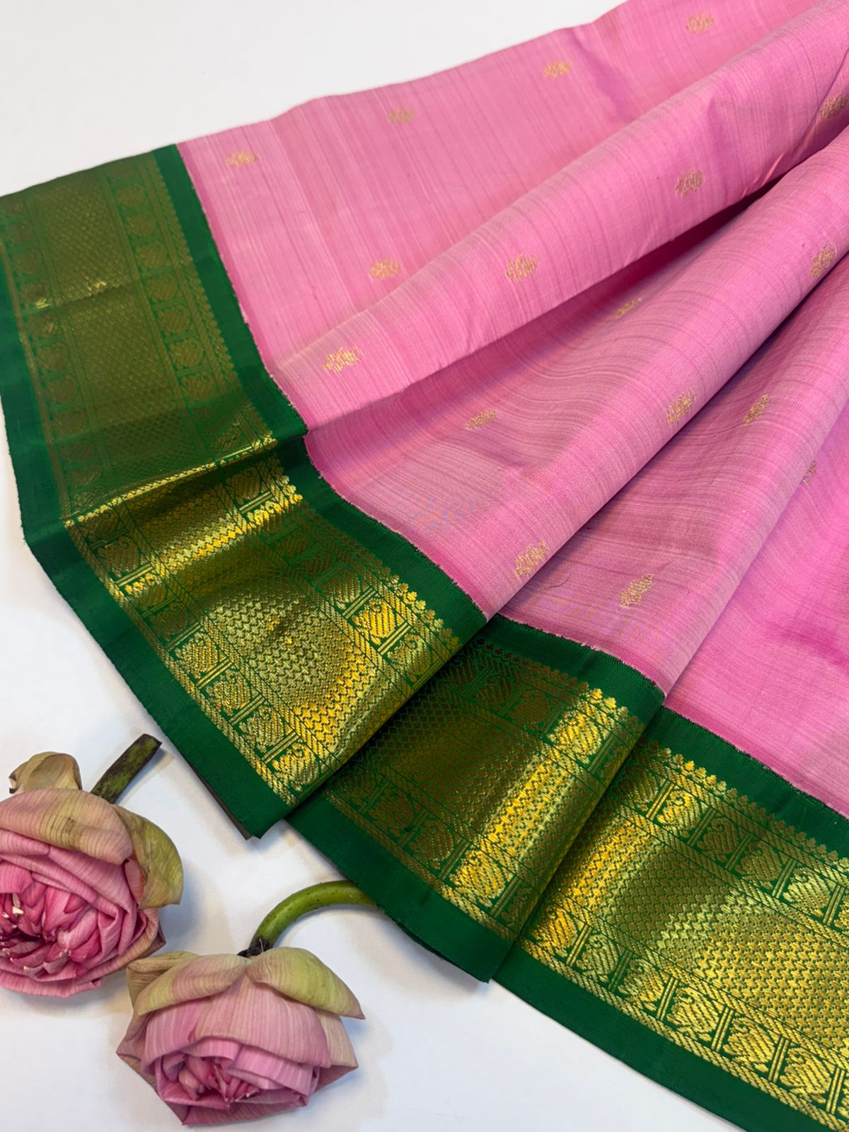 Lotus pink and green pavadai - 3-6 years paavadai sattai/ kanjipuram silk