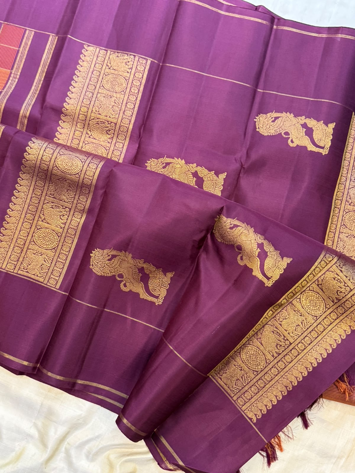 Paaku and rust Chettinad kattam yaanai butta - unique yazhi pallu / Kanjipuram silk CL9904