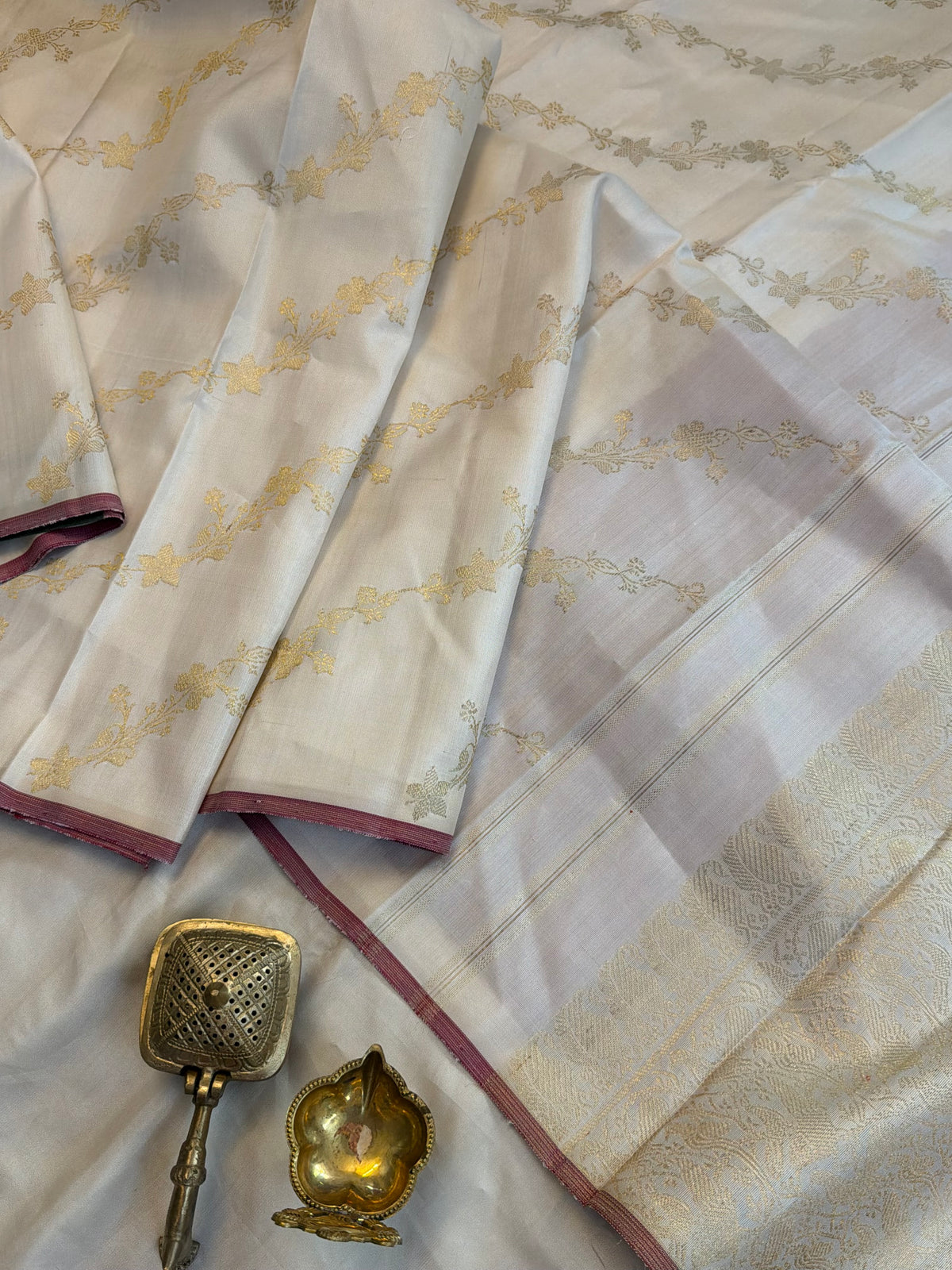 Off white Lehariya/ pure Zari Kanjipuram silk