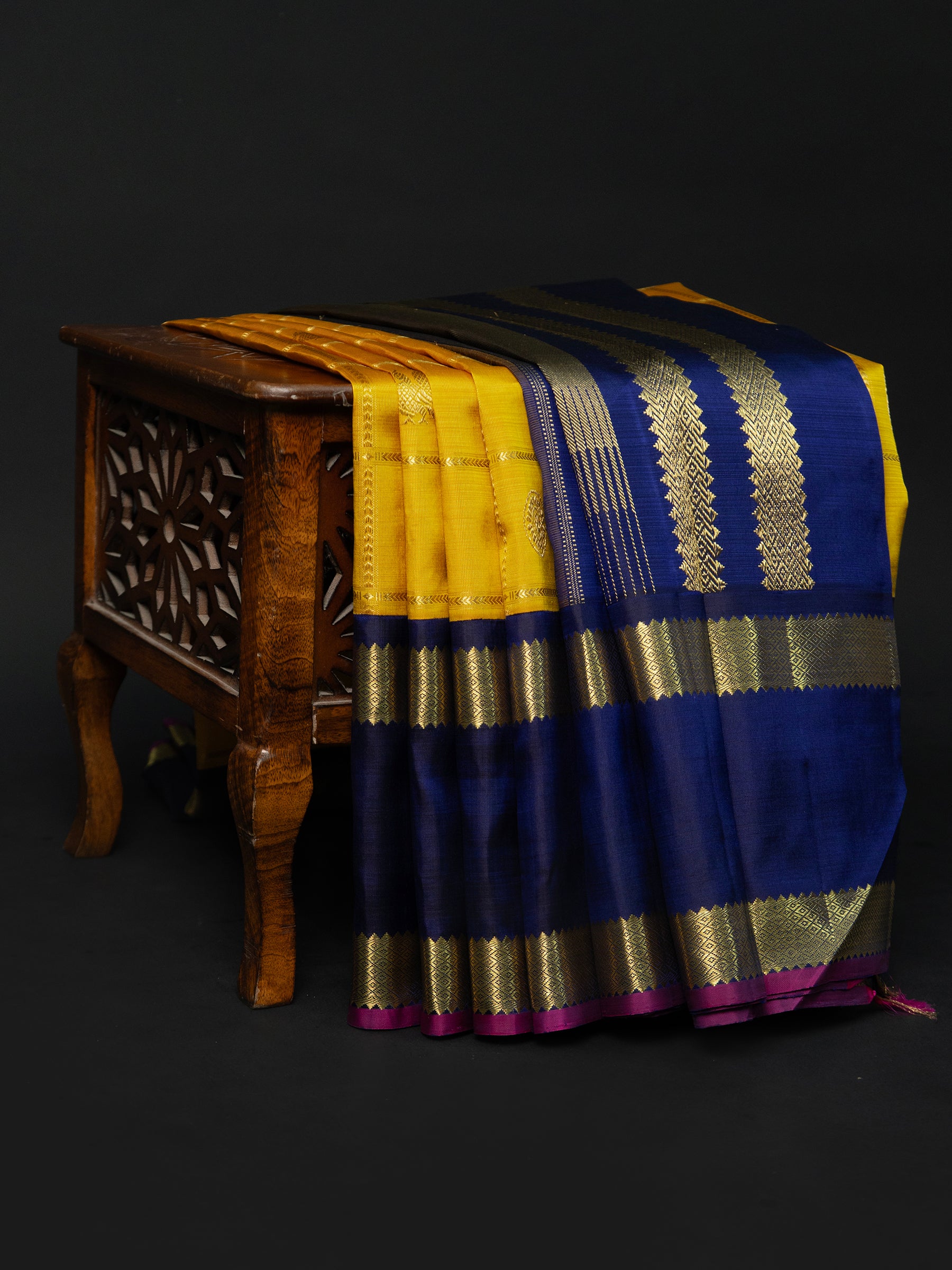 Mustard yellow Zari Kattam Korvai Kanjipuram Silk Saree CLSA10325