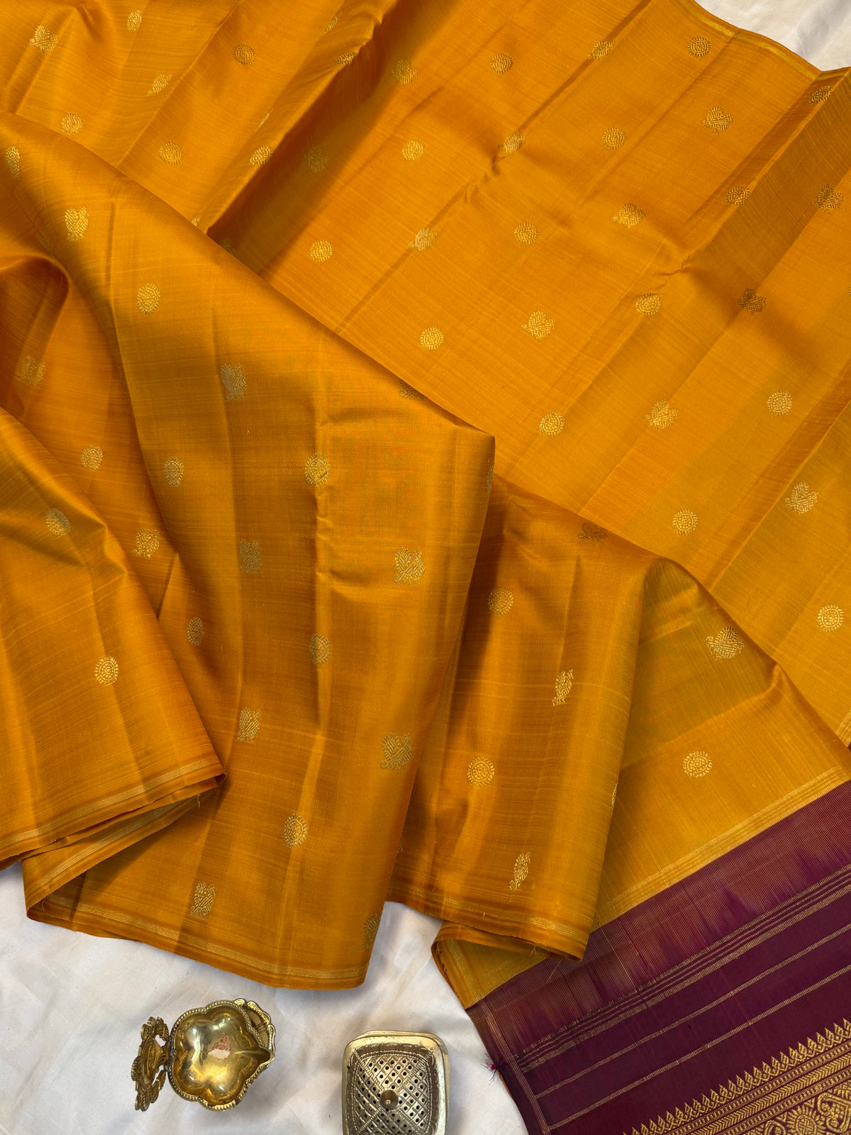 Mustard yellow with Annam chakram pure zari butta/kanjipuram silk saree clsa 13054