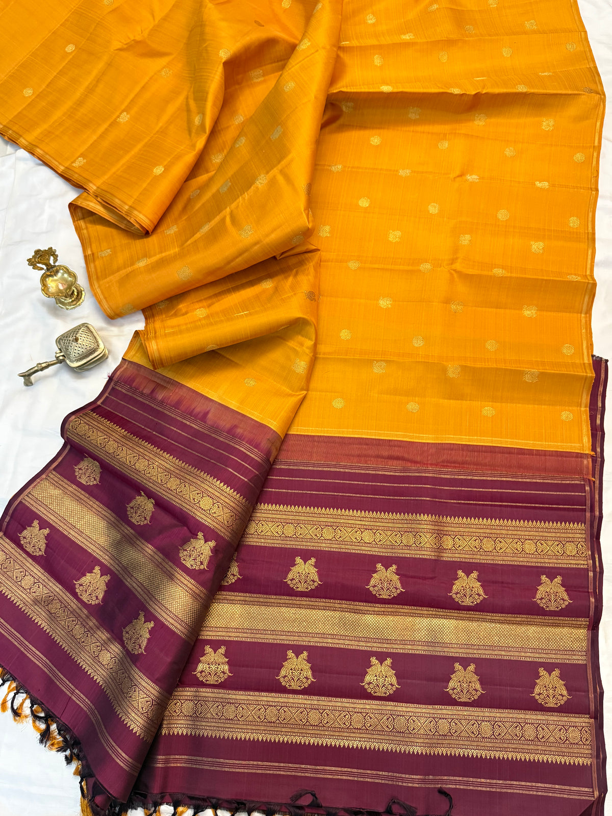 Mustard yellow with Annam chakram pure zari butta/kanjipuram silk saree clsa 13054