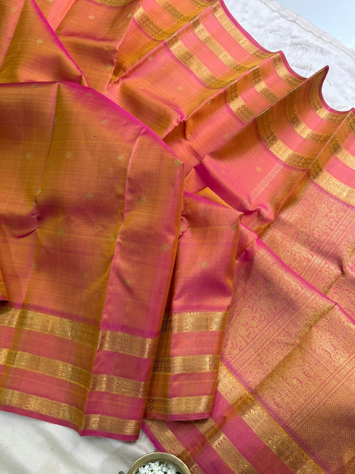 Peach triple fish pet border / kanjipuram silk