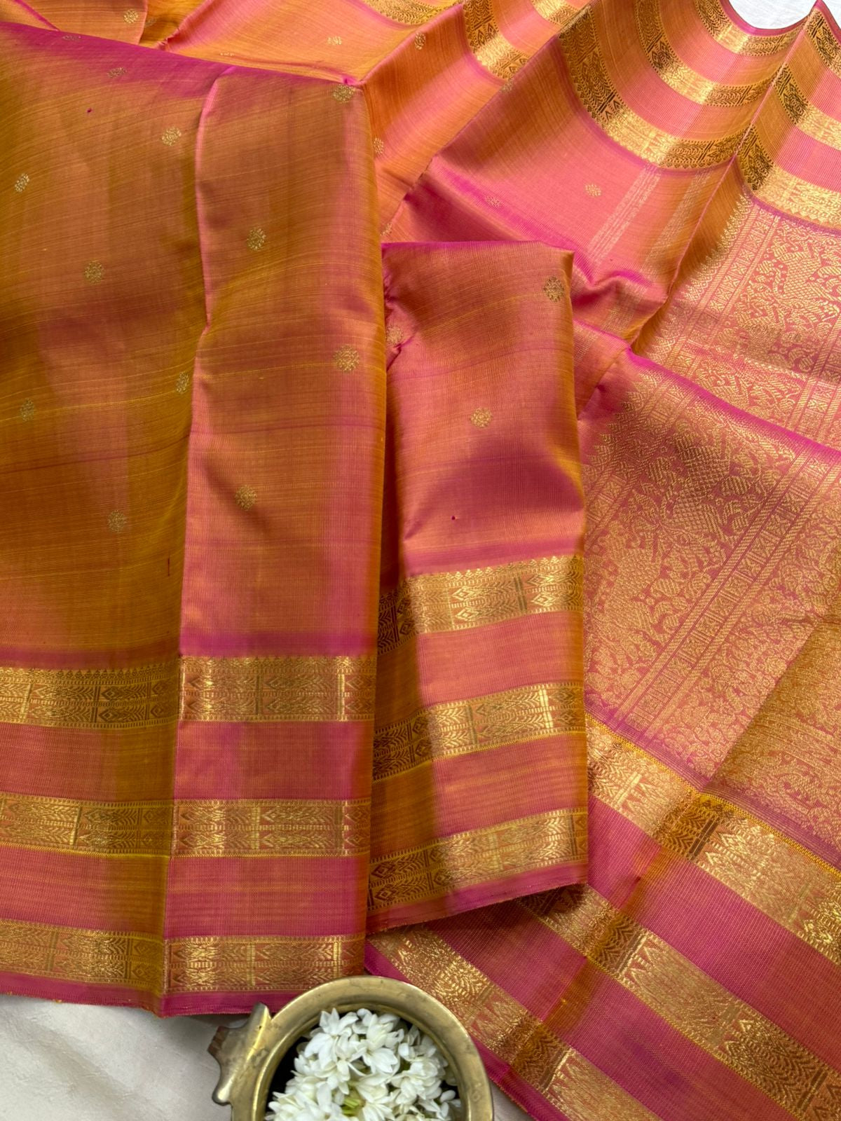 Peach triple fish pet border / kanjipuram silk