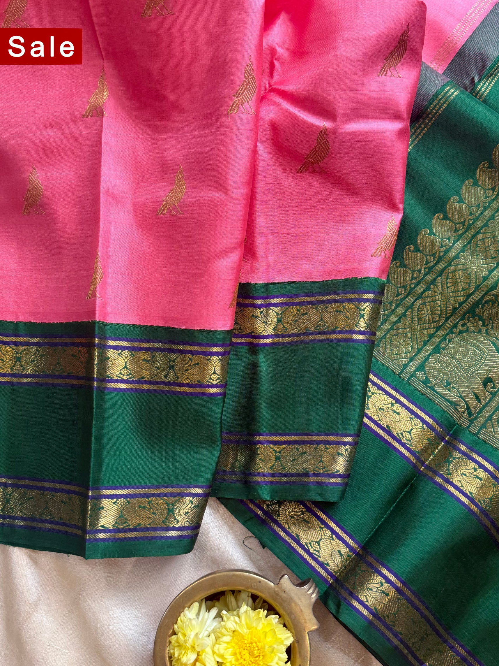 Peachish pink Ganga Jamuna Kai Korvai / kanjipuram silk