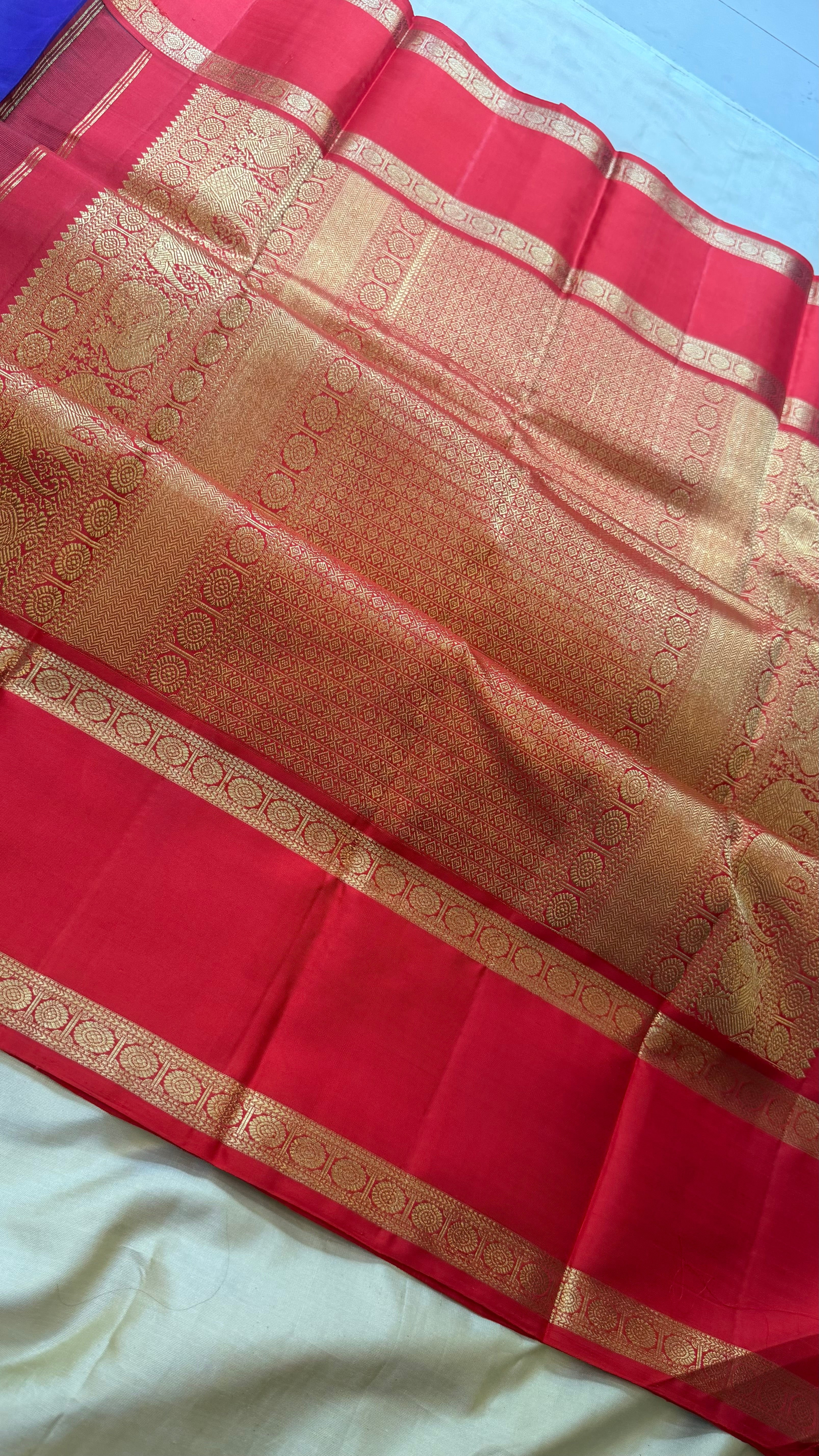 Purplish shot blue and red rettapet border kai korvai/ Kanjipuram Silk