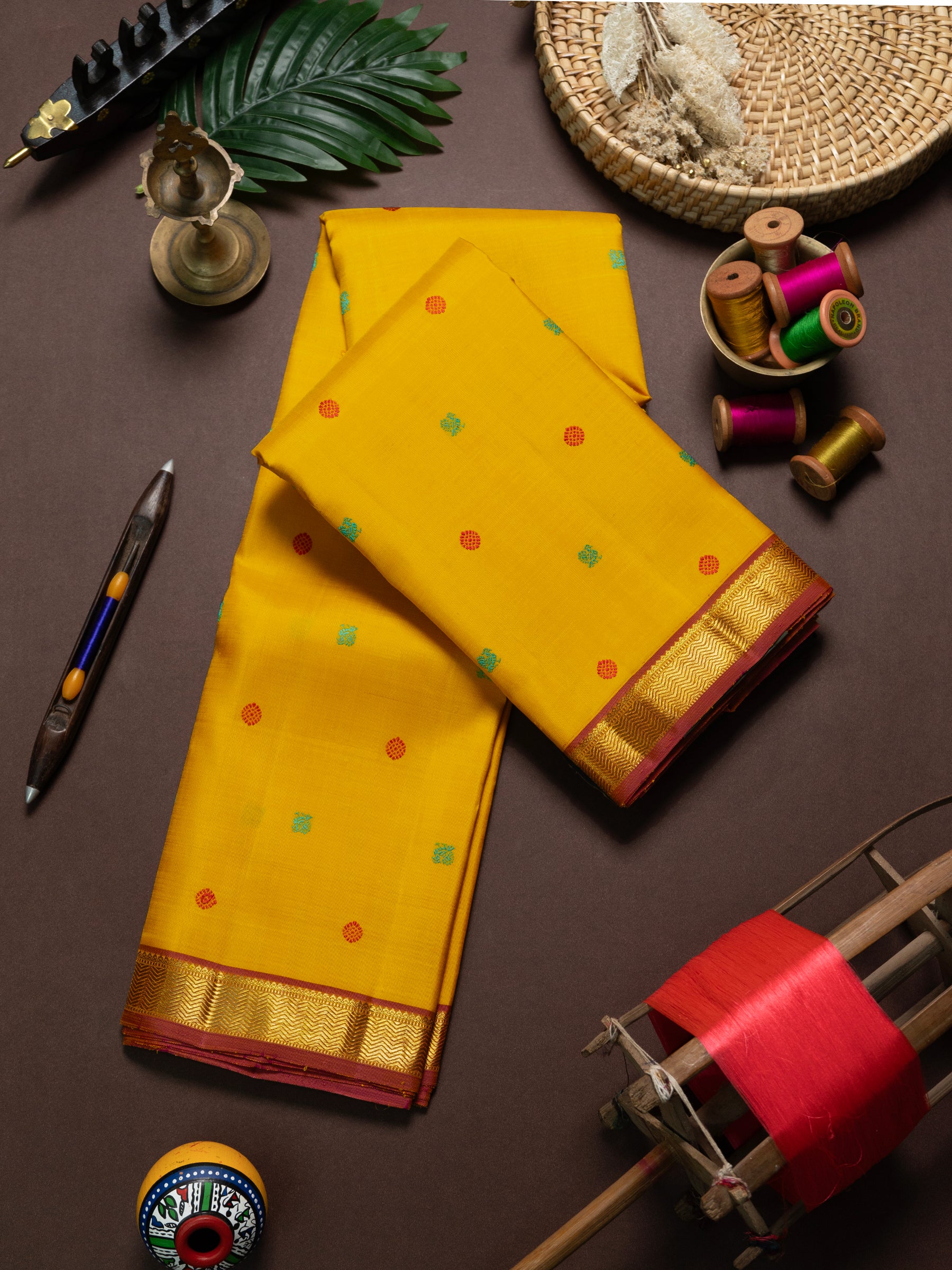 Yellow thread butta small border/ Kanjipuram Saree CLSA10006