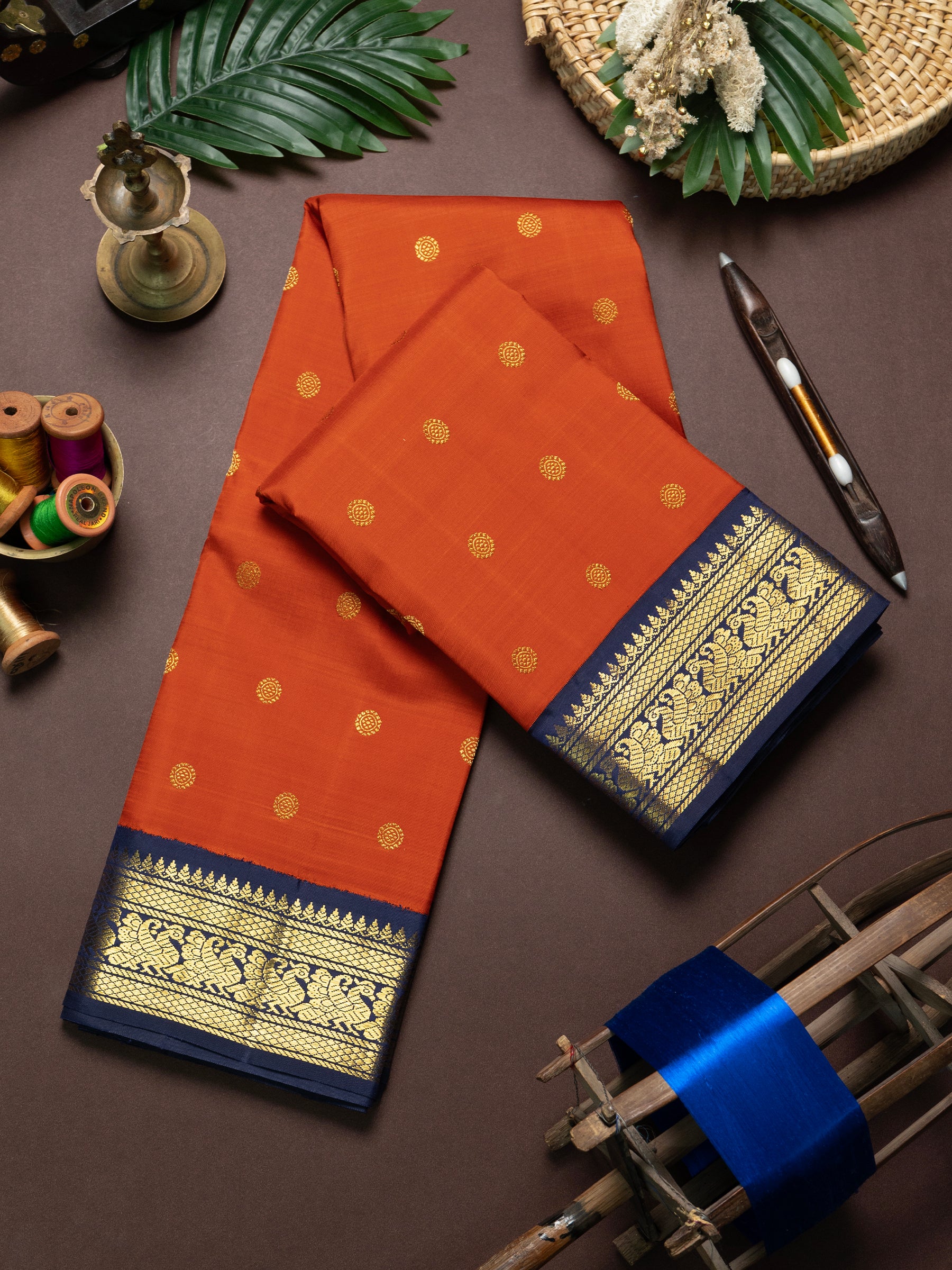 Rust with blue adai border Kanjipuram Saree CLSA10044