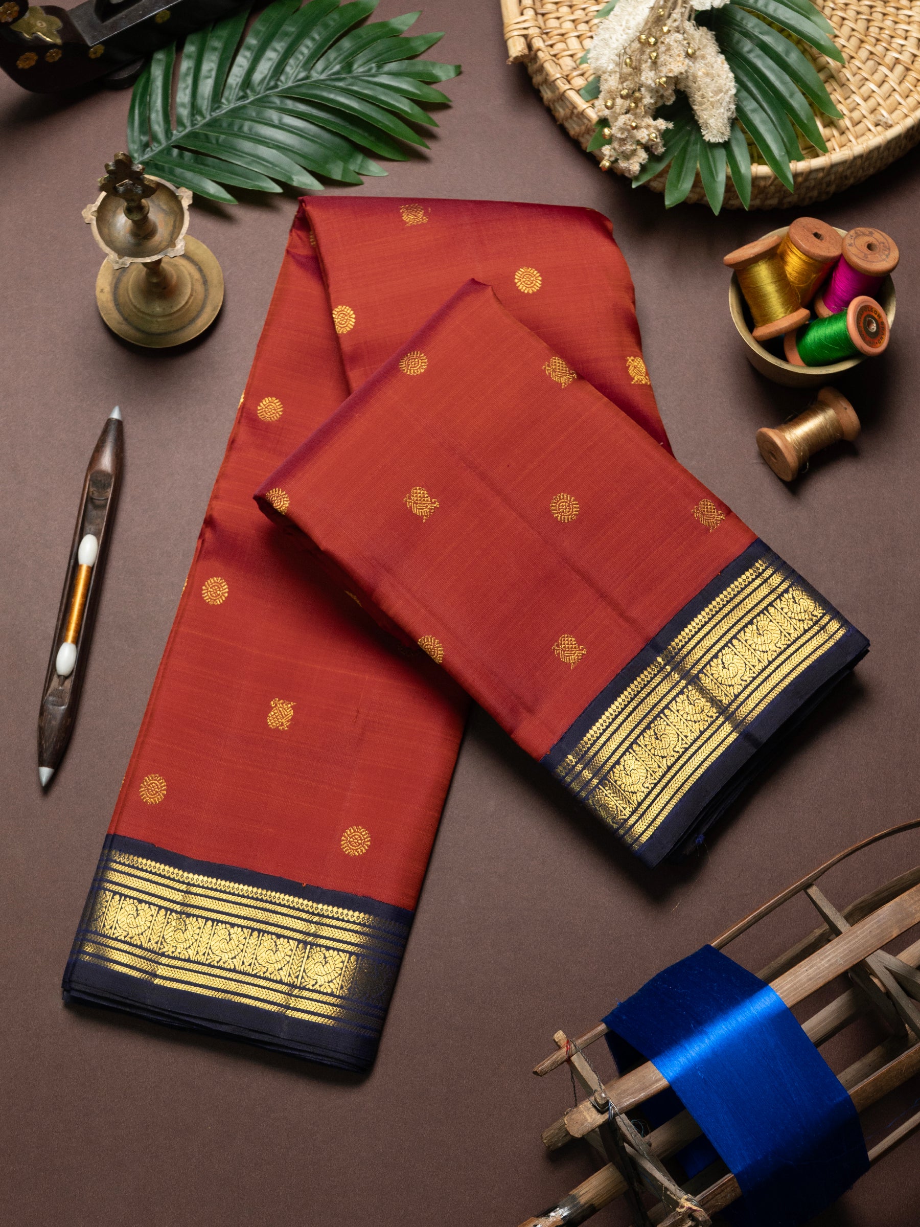 Rust Korvai dark blue border Kanjipuram Saree CLSA10046