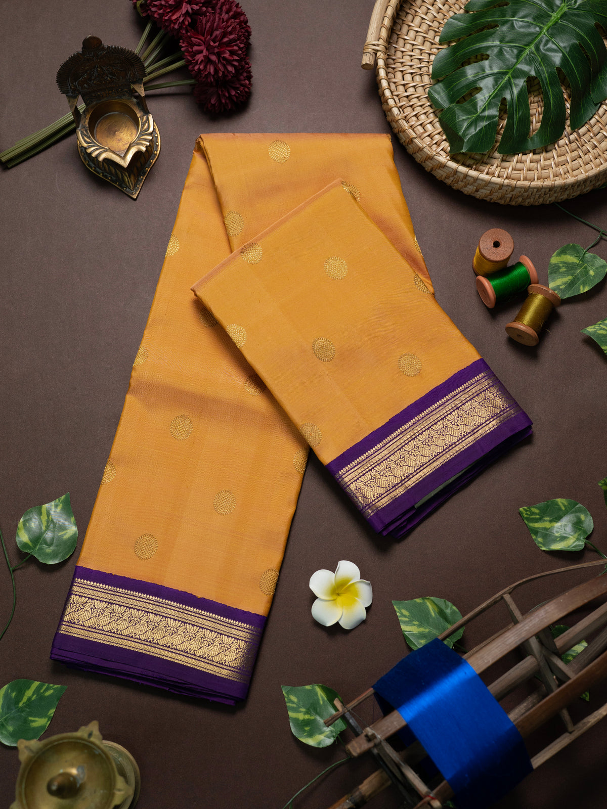 Yellow shot orange and purple small kai korvai border / Kanjipuram Silk Saree CLSA10053