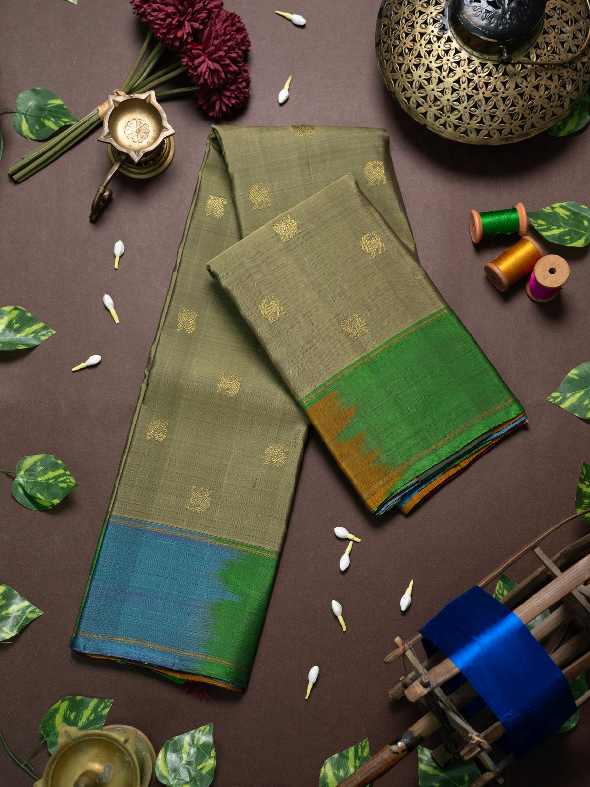 Kaaki multi color border pure Kanjipuram Silk Saree CLSA10134
