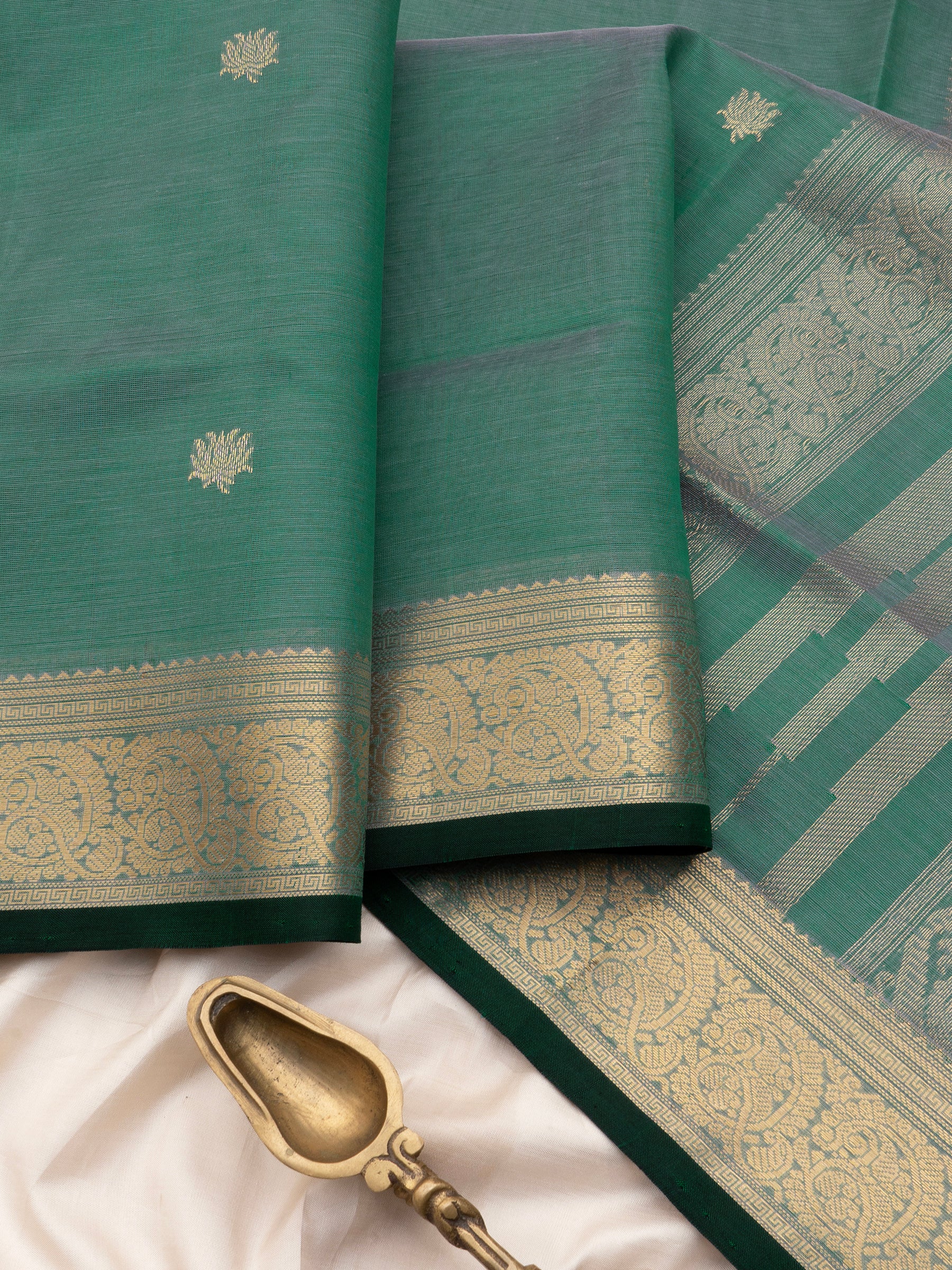 Muted teal green tamarai butta / Silk Cotton Saree CLSA10194