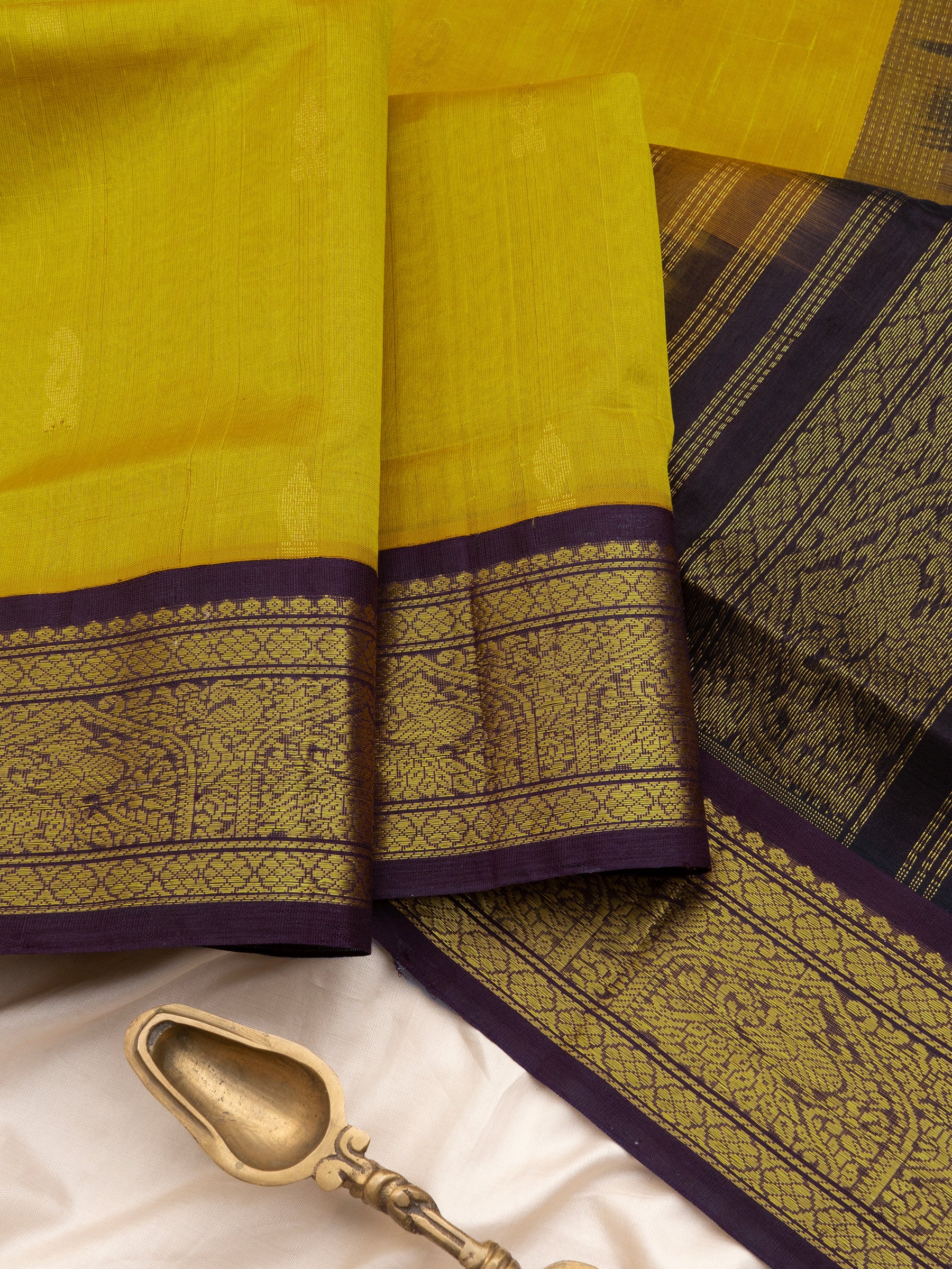Lime yellow and dark purple korvai /Silk Cotton Saree CLSA10431