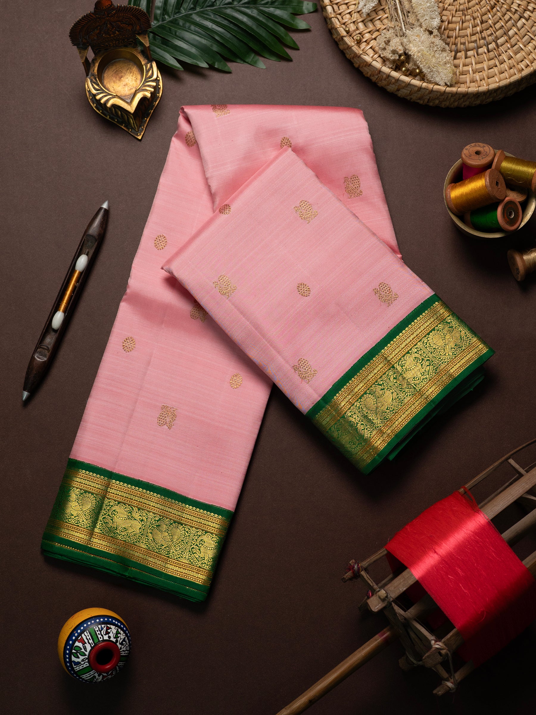 Rose milk with leaf green Korvai / Kanjipuram Silk Saree CLSA10628