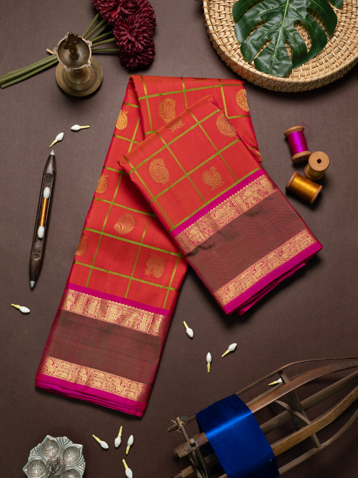 Orange kattam manga butta rettapet border/ Kanjipuram Silk Saree CLSA11682