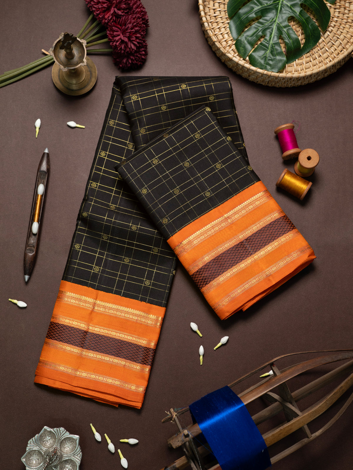 Black vintage kattam butta kai korvai/ Kanjipuram Silk Saree CLSA10773