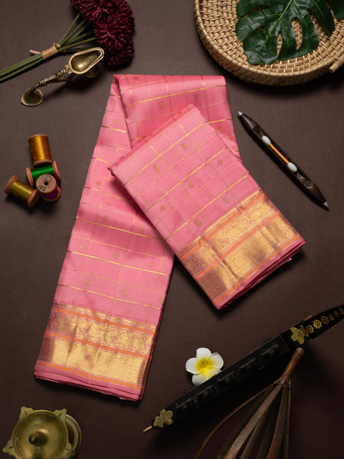 Peachish pink kattam butta / Kanjipuram Silk Saree CLSA10827