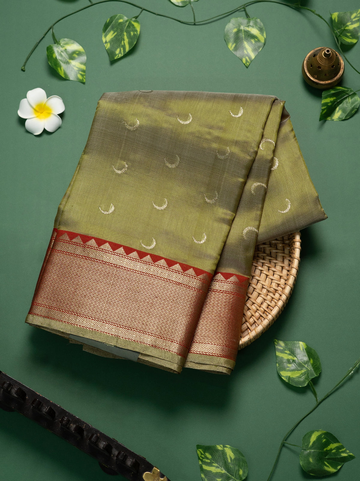Olive green and red half moon butta /Chanderi silk Saree CLSA10882