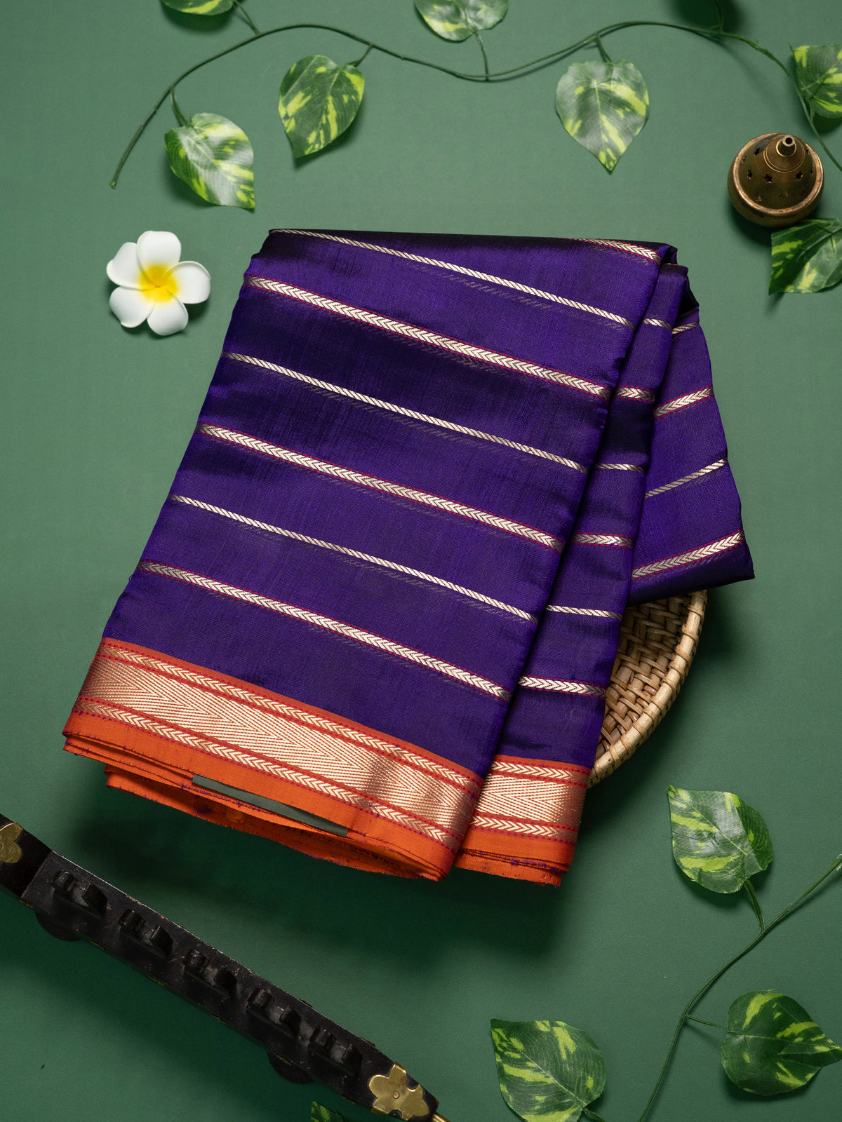 Master piece Deep purple zari stripes and orange small border special pallu / Chanderi silk Saree CLSA10884