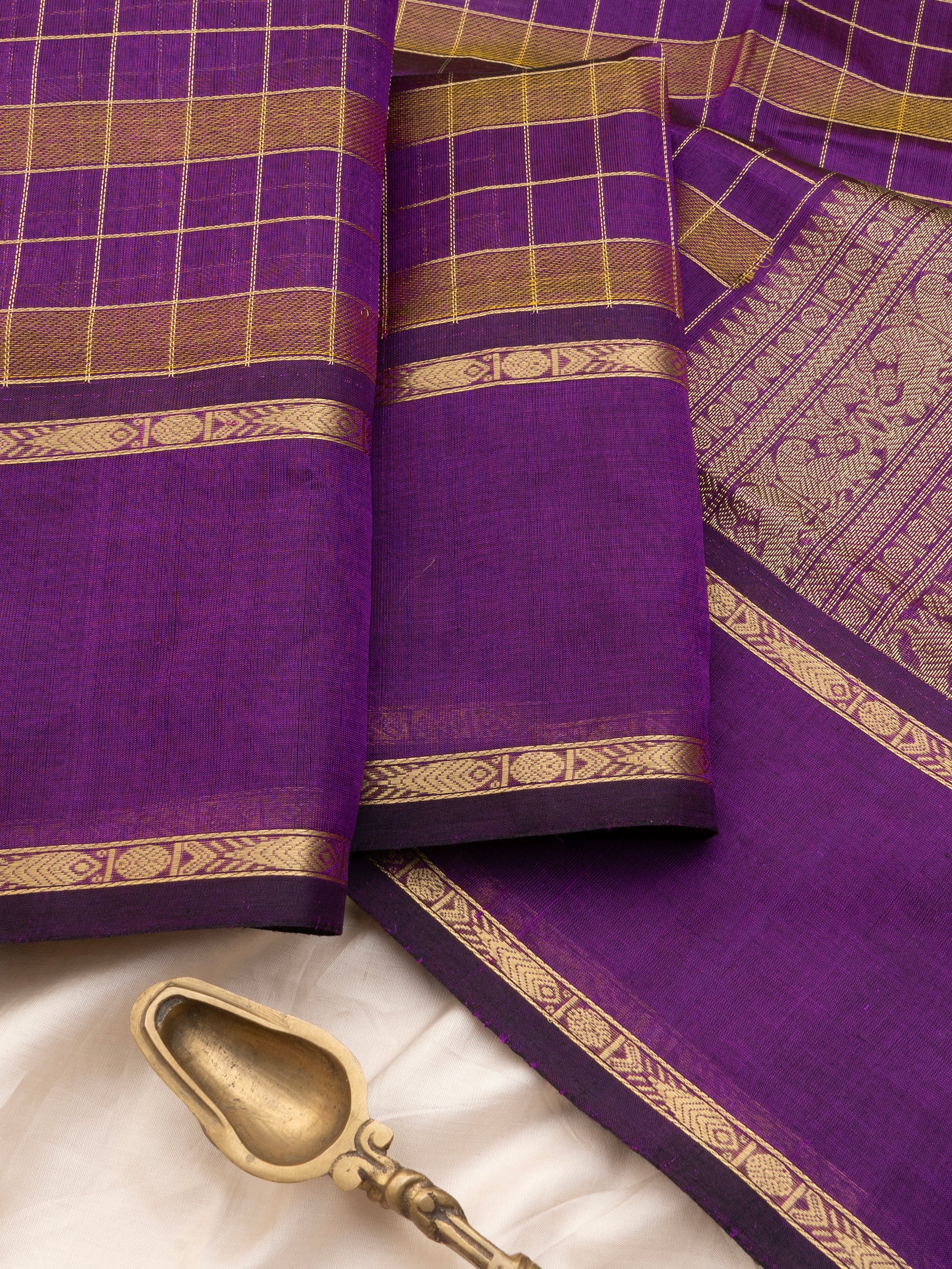 Chettinad kattam purple and mustard rettapet border/ Silk Cotton Saree CLSA10899