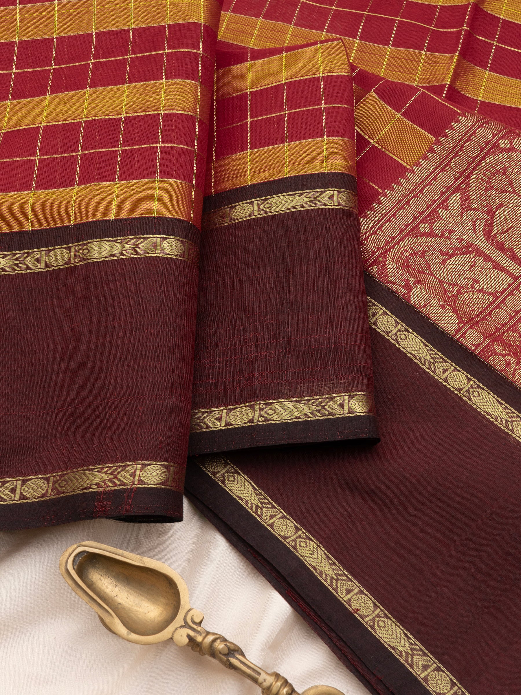 Chettinad kattam mustard and red rettapet border/ Silk Cotton Saree CLSA10900