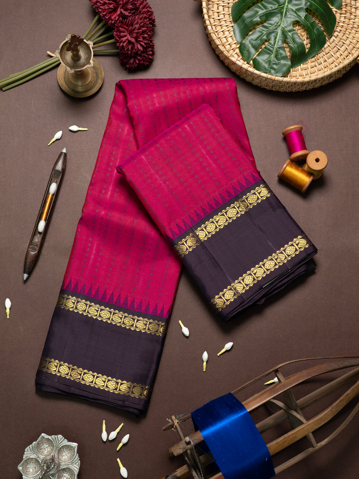 Vintage pink and deep jamun shade rettapet border kai korvai/ Kanjipuram Silk Saree CLSA11633