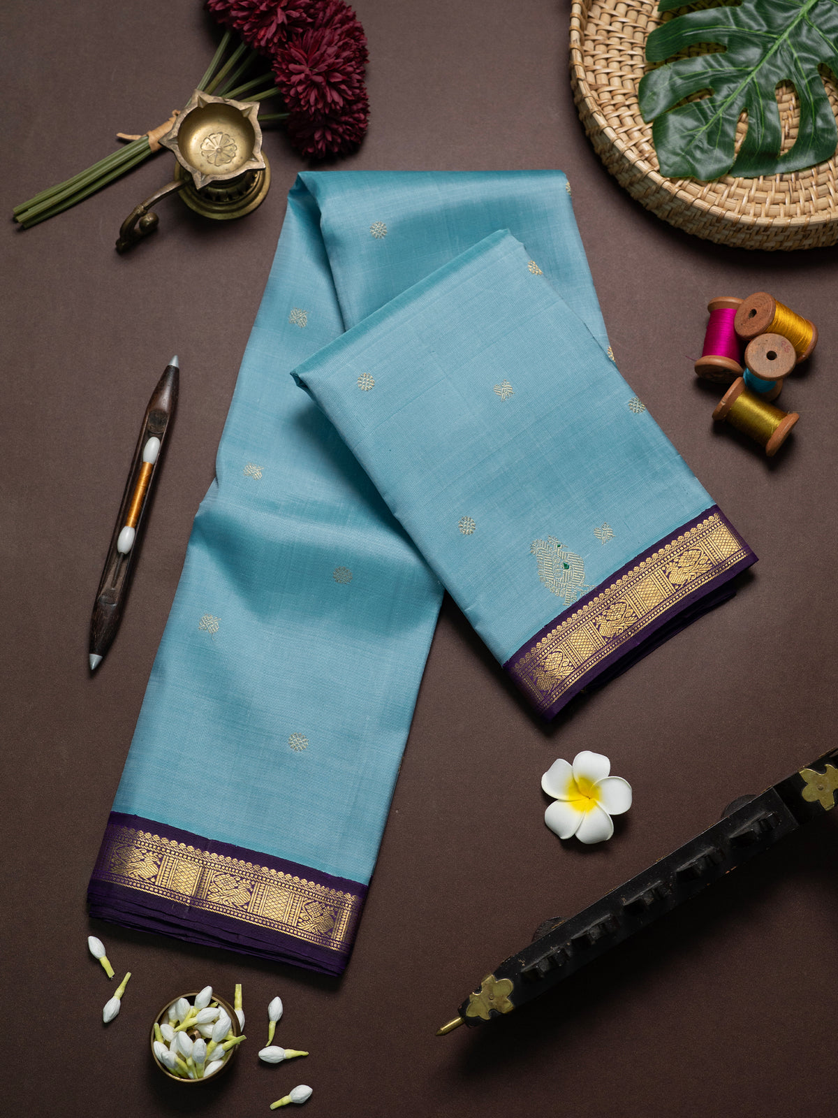 Powder blue and deep purple bettu butta kai korvai/ Kanjipuram Silk Saree CLSA11663