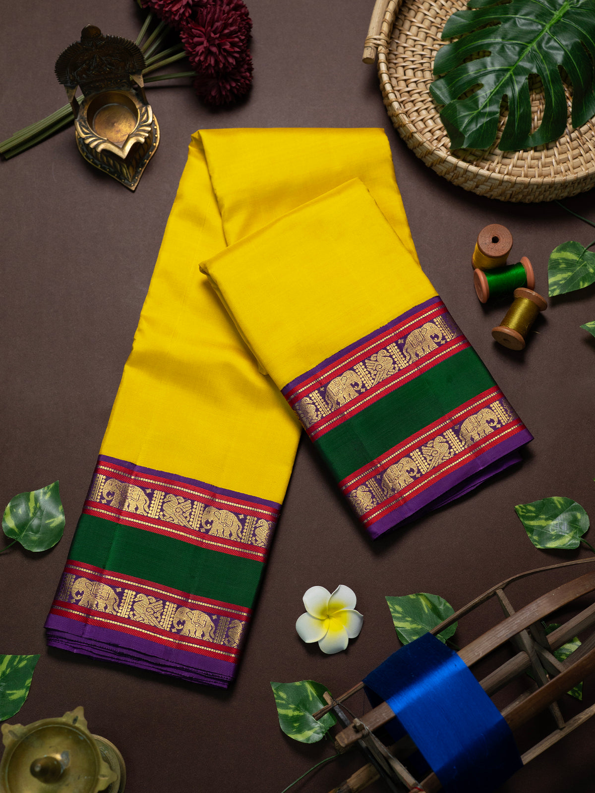 Yellow and green purple rettapet border kai korvai/ Kanjipuram Silk Saree CLSA11707