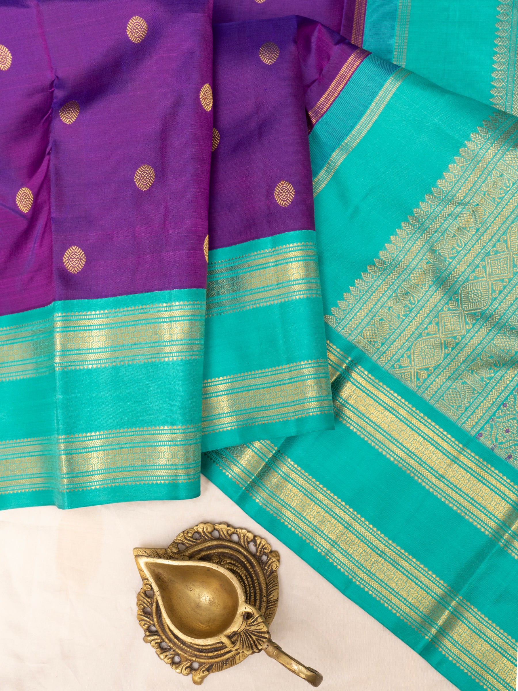 Purple and turquoise blue rettapet border kai korvai/ Kanjipuram Silk Saree CLSA4899