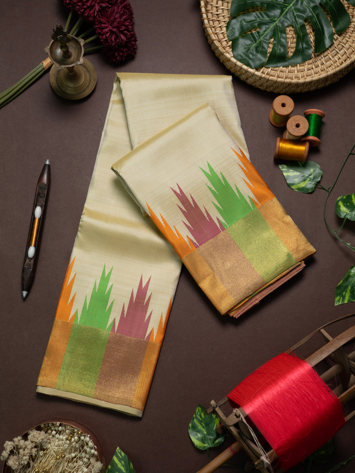 Offwhite multi color 8 kol temple border/ Kanjipuram Silk Saree CLSA2185