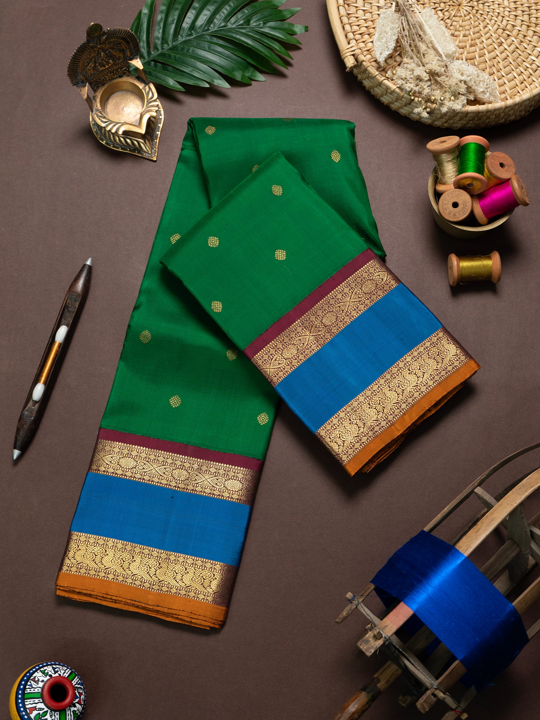 Green and teal blue rettapet border kai korvai/ Kanjipuram Silk Saree CLSA3077
