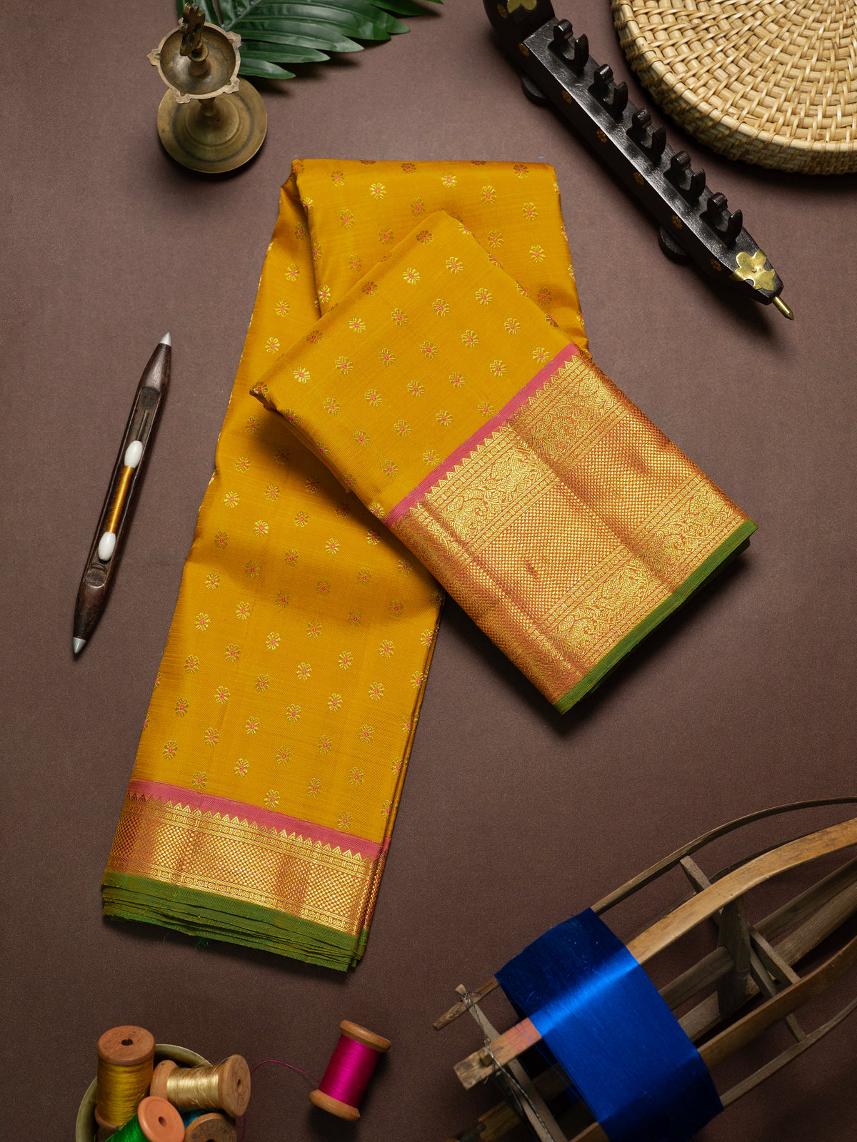 Golden yellow Thodar Butta /Kanjipuram Silk Saree CLSA11688