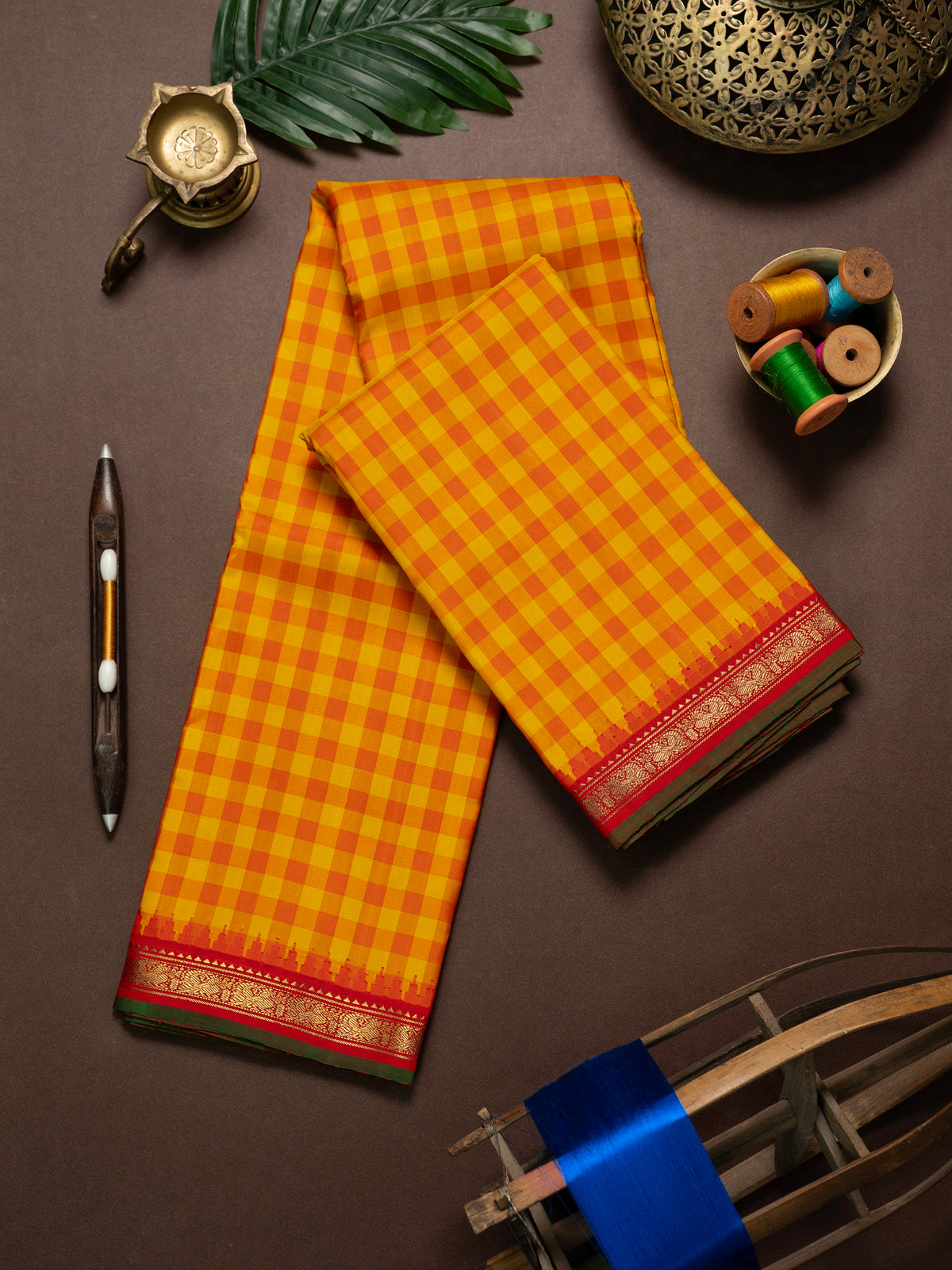 Yellow red checks Korvai / Kanjipuram Silk Saree CLSA
