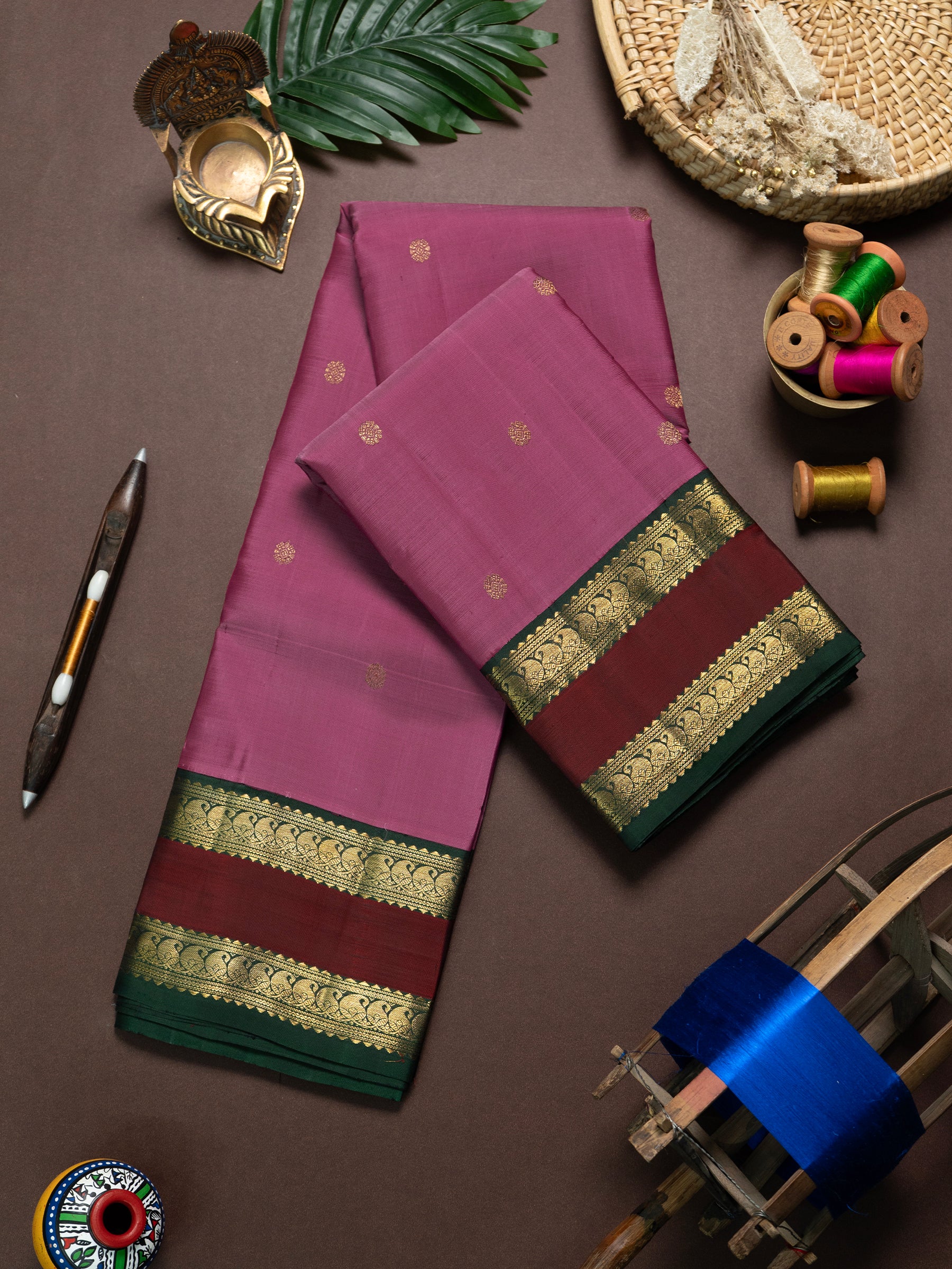 Onion pink and green rettapet border kai korvai/ Kanjipuram Silk Saree CLSA