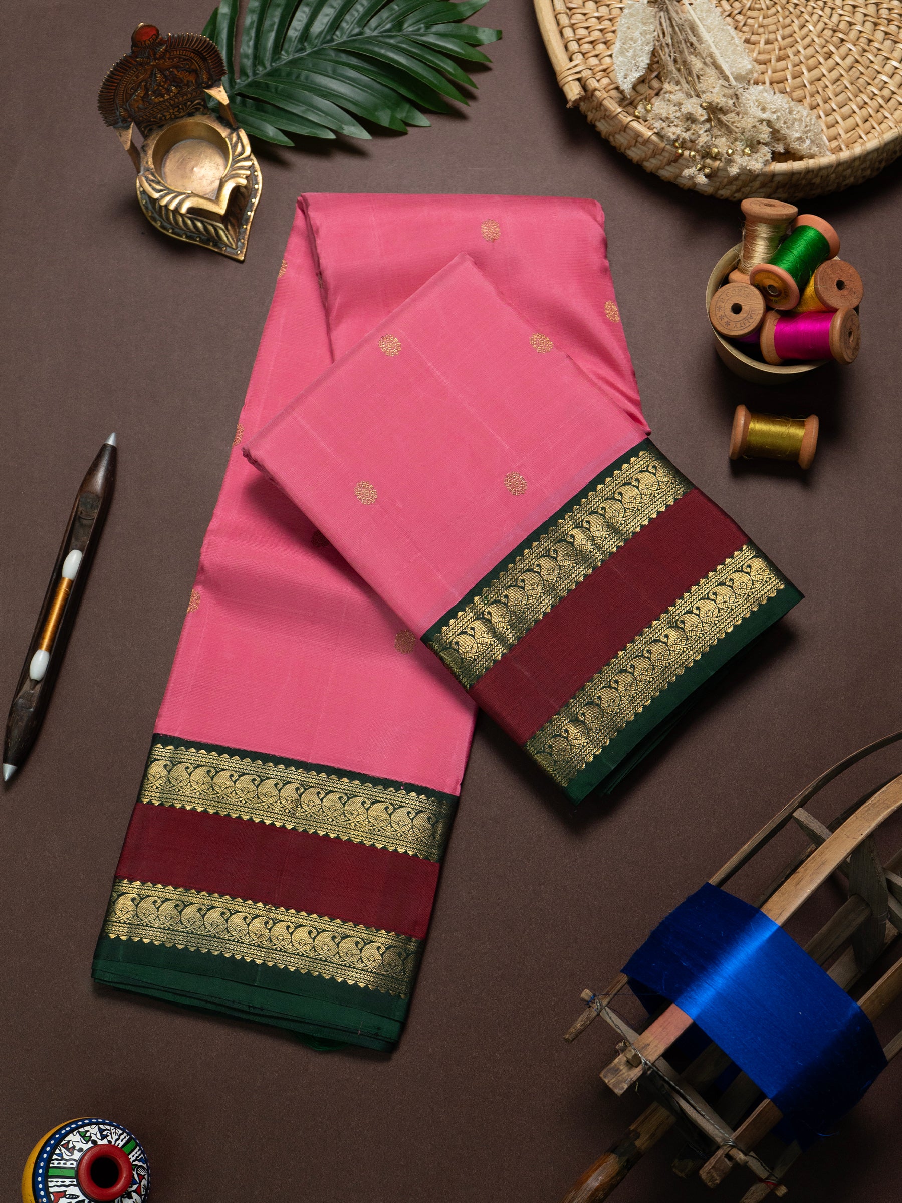 Pink and green rettapet border/ Kanjipuram Silk Saree CLSA