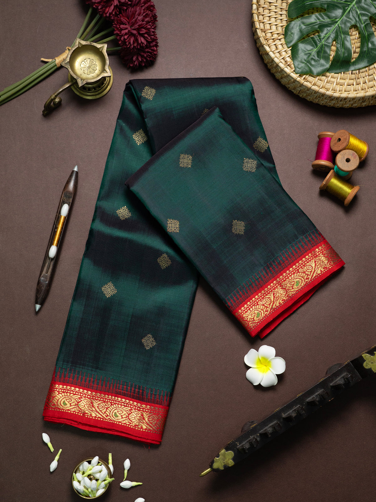 Dark green and red kai korvai/ Kanjipuram Silk Saree CLSA