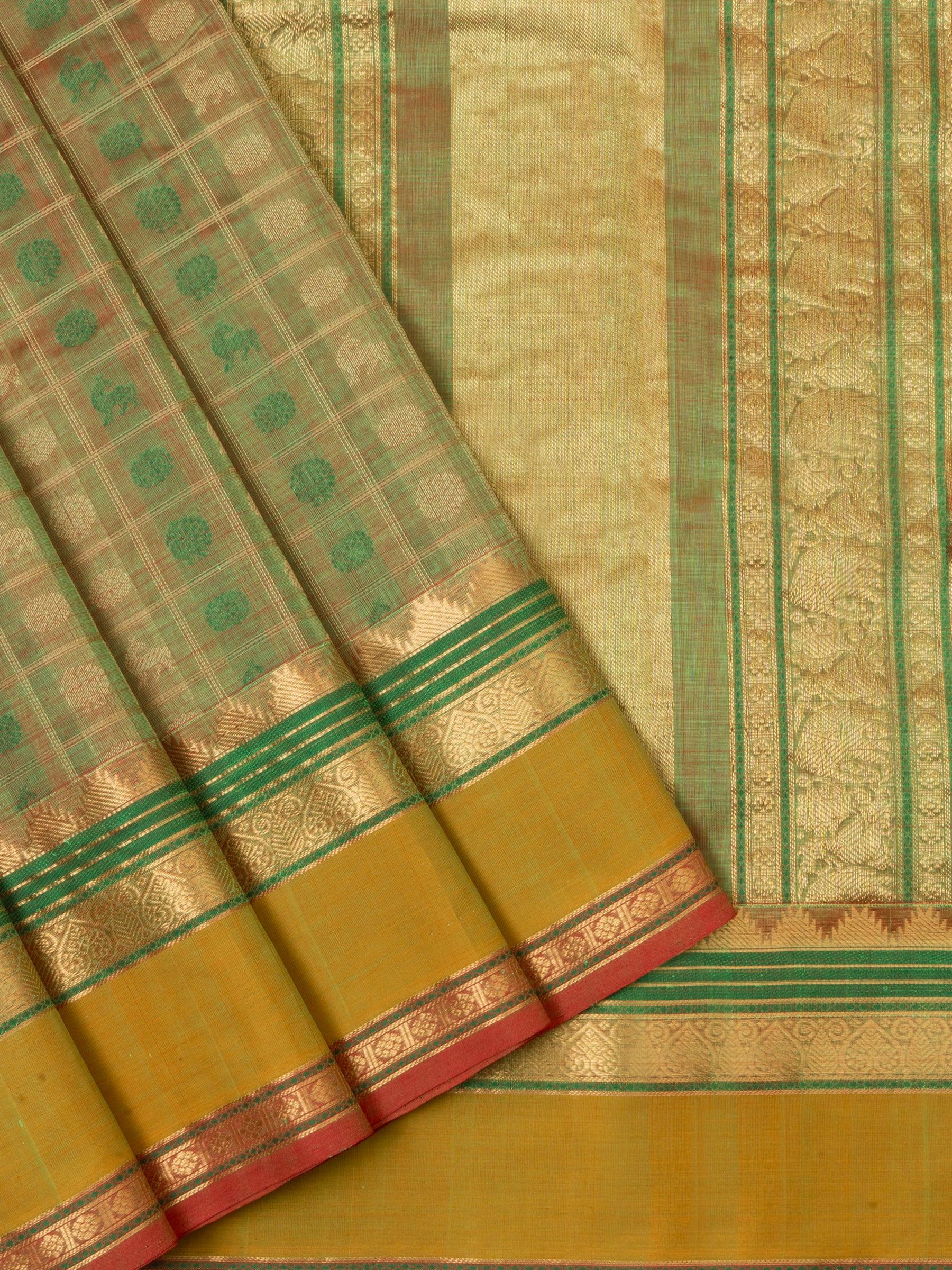 Green shot mustard kattam / Silk Cotton Saree CLSA4700