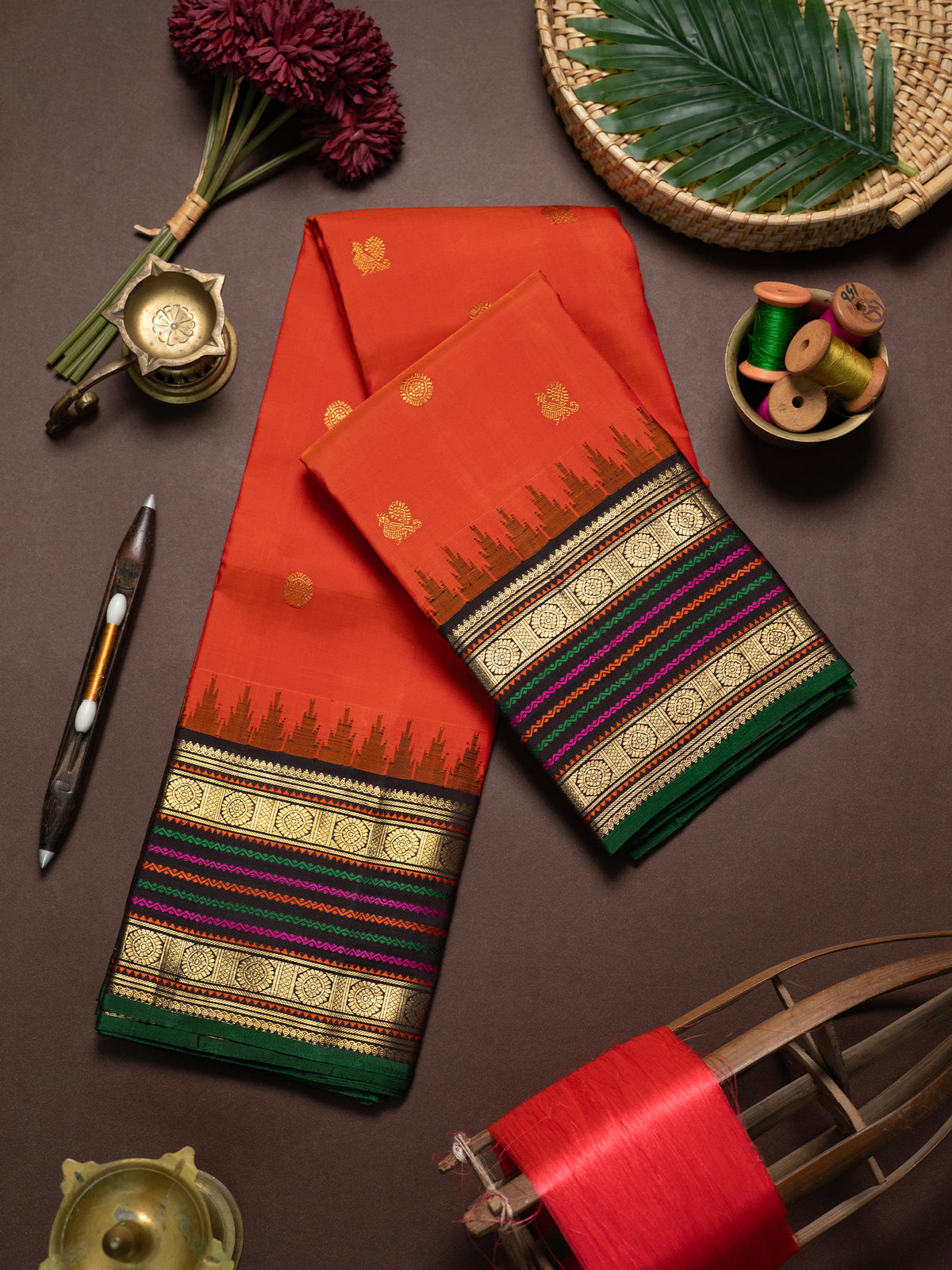 Orange varisapet and temple Korvai /Kanjipuram Silk Saree CLSA5590